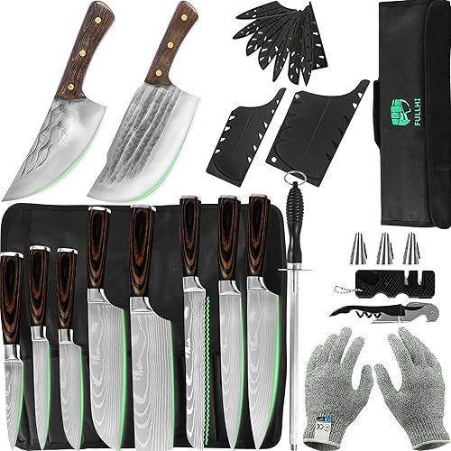 FULLHI Juego de cuchillos japoneses de acero inoxidable de 14 piezas, juego profesional de cuchillos de carnicero de 8 piezas con bolsa de cuchillos
