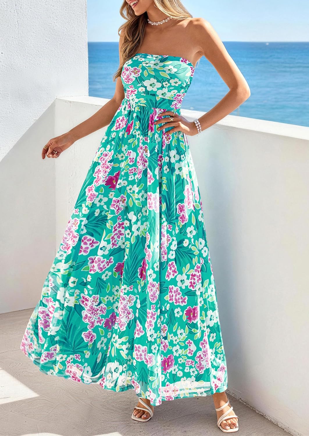 PRETTYGARDEN Women Strapless Maxi Dress 2026 Summer Floral Tube Top Ruched Beach Spring Wedding Guest Long Dresses