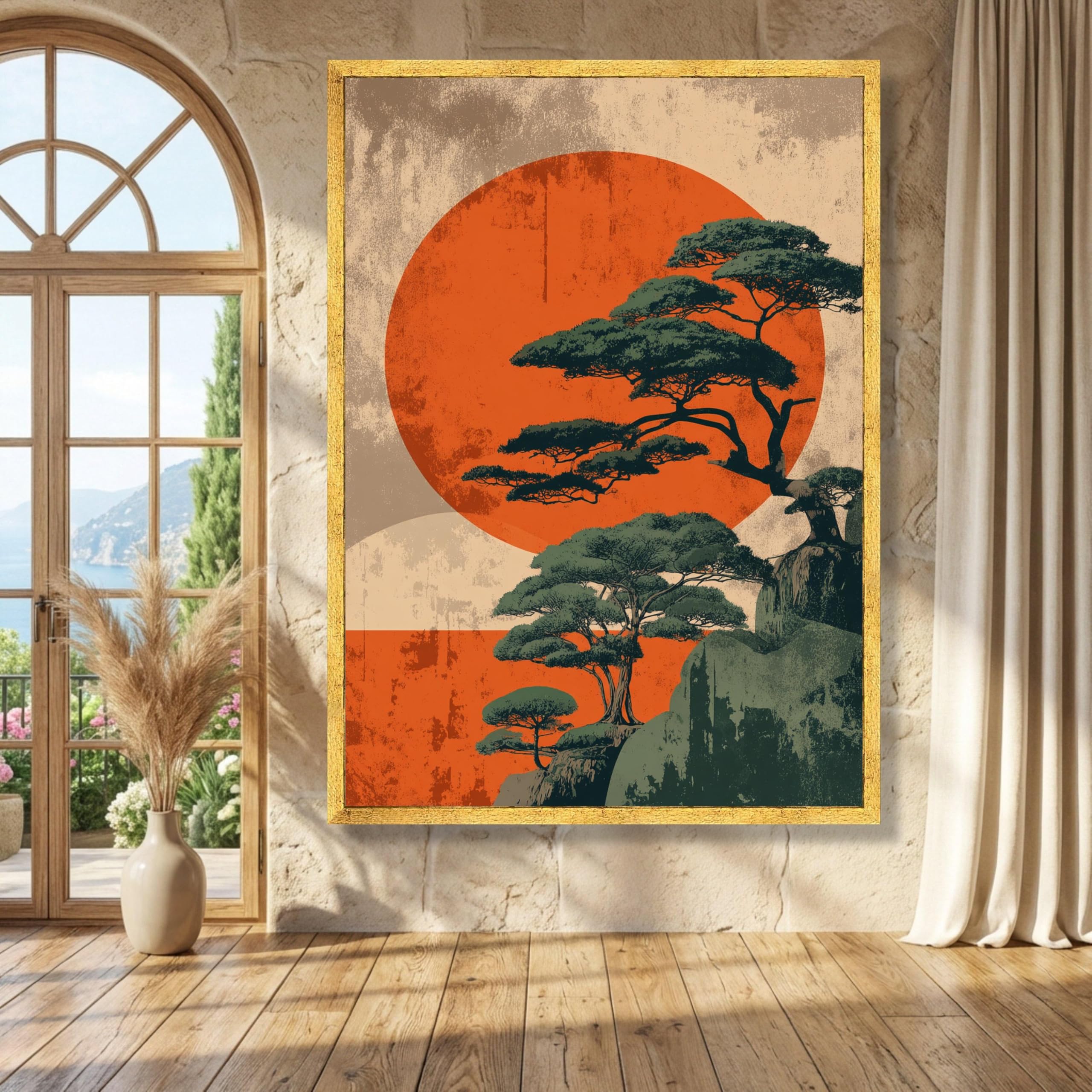 Lmycheng Frameless Majestic Bonsai Trees Oil Painting, Sunset Canvas Print, Japanese Oriental Wall Art For Living Room, Home Wall Decor(70X100cm/Frameless)
