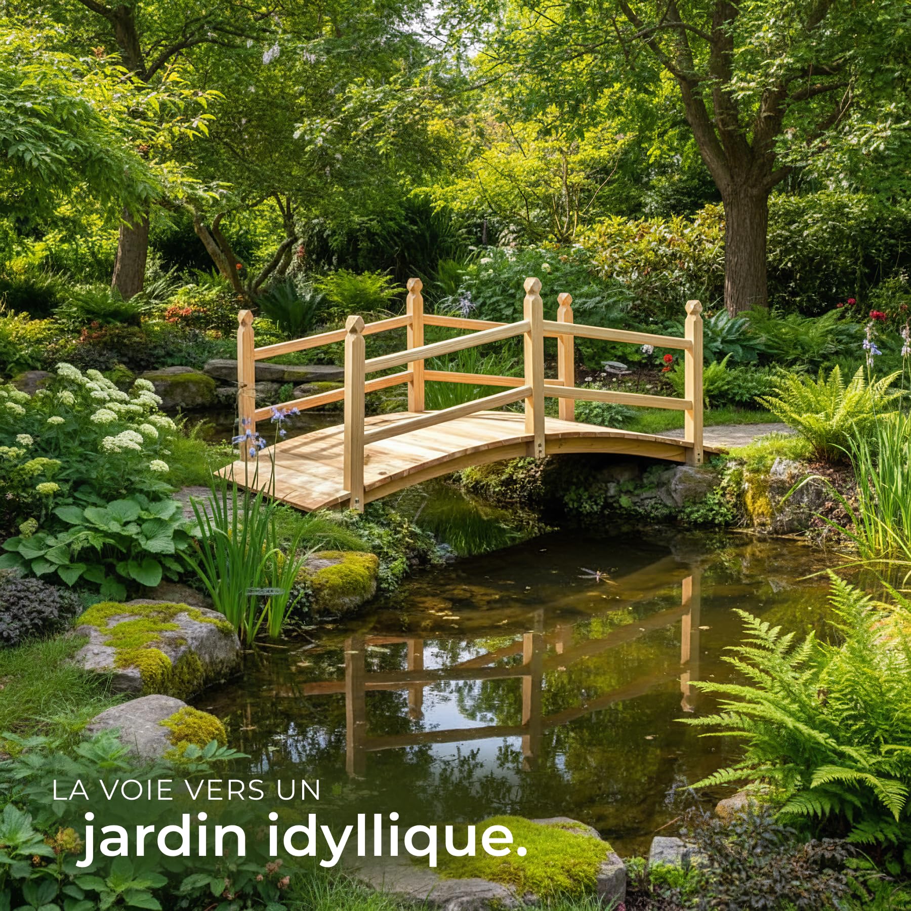 tectake® Pont de Jardin, 137 x 58 x 58 cm, en Bois de Pin avec Balustrade, Capacité de Charge 150 Kg, Pont décoratif Decoration Jardin, Decoration Exterieur, Idéal Bassin Exterieur, fossé, ruisseaux