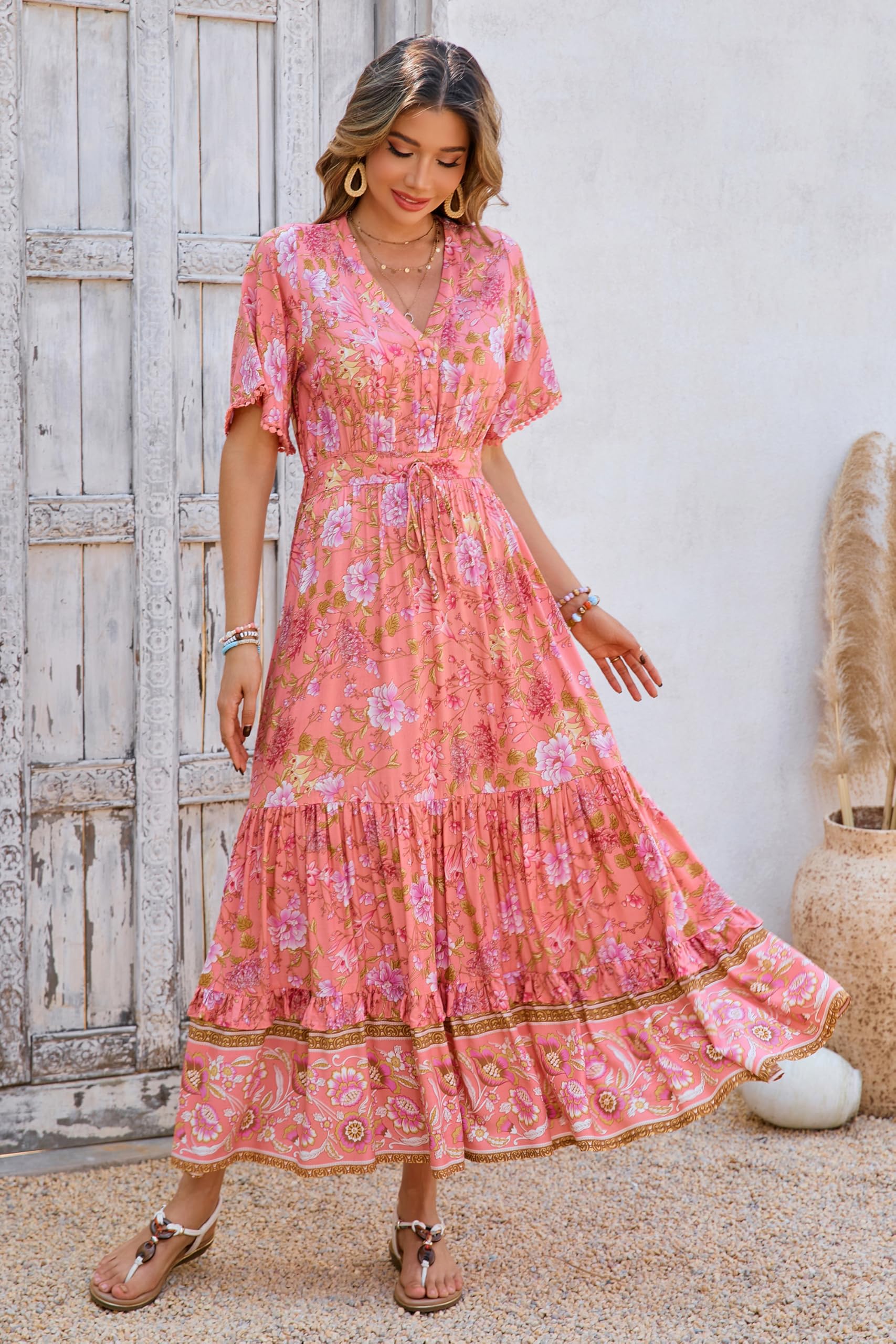 R.Vivimos Abito Boho Estivo Donna Abito Sexy Scollo a V Bottoni Manica Corta Vestito Elegante con Volant Orlo Abito Lungo Maxi da Spiaggia Casual per Le Vacanze(XL,Rosa Corallo)