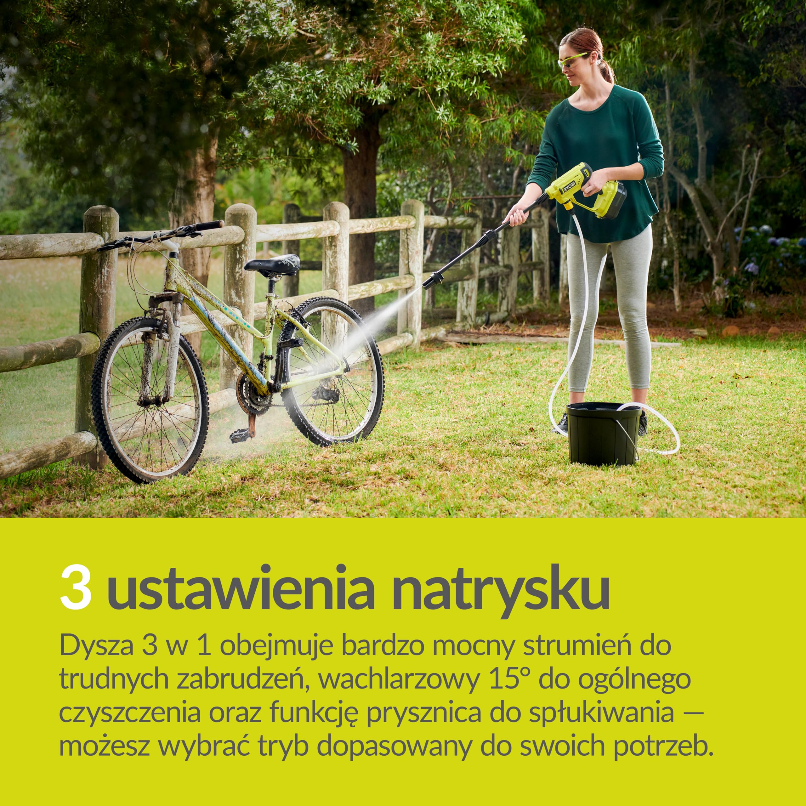Ryobi Myjka ciśnieniowa, RY18PW22A-125, ciśnienie 22 bary, przepływ wody do 182L na godzinę, dysza 3 w 1, wąż 6 m z sitkiem i filtrem, w zestawie: 1 akumulator litowo-jonowy 2,5 Ah oraz ładowarka