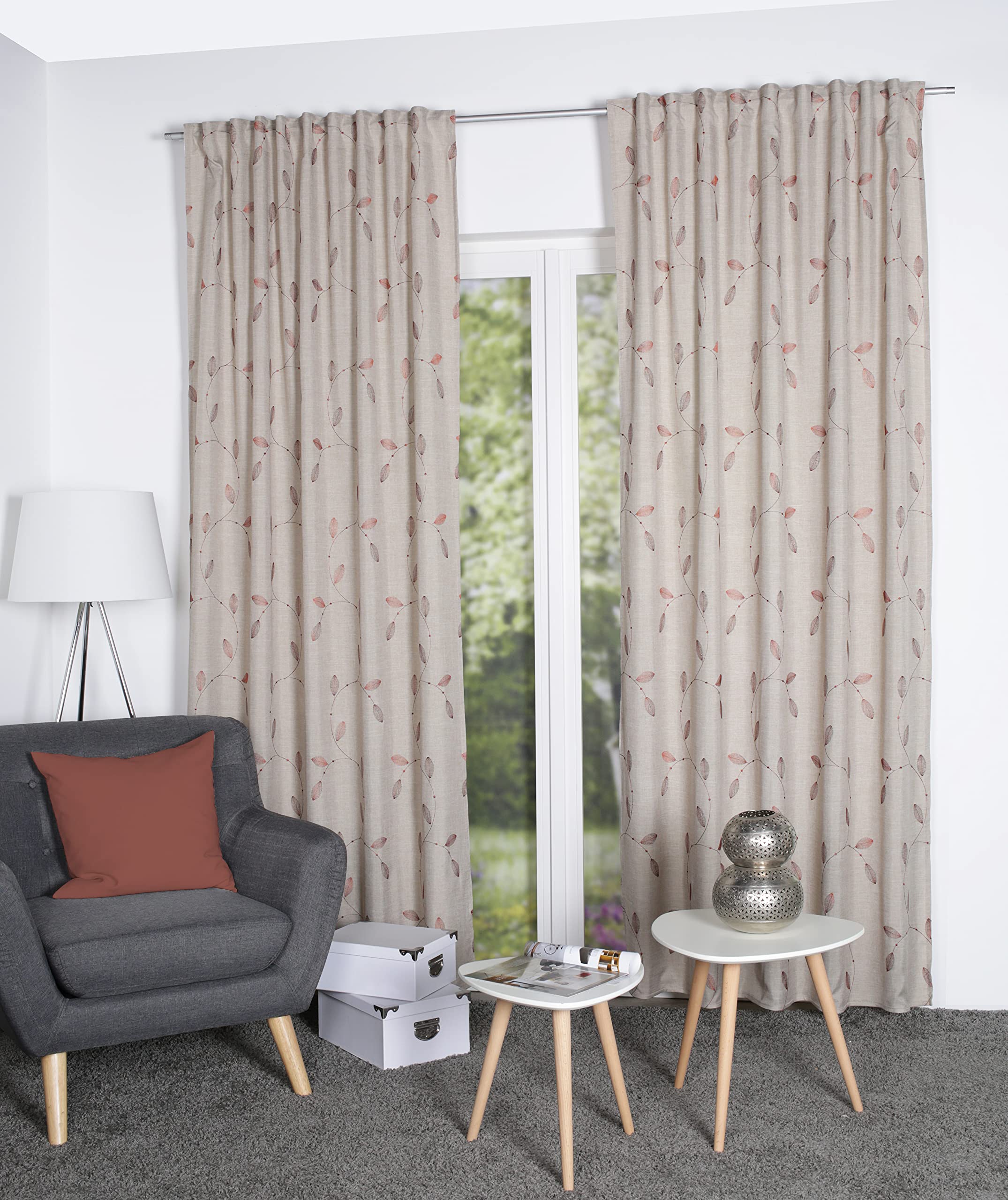 Home WOHNIDEEN FOGLIO Opaque Combination Scarf Linen Look Embroidered with 10 cm Combination Band Colour: Natural Size: 245 x 140 cm Quantity: 1