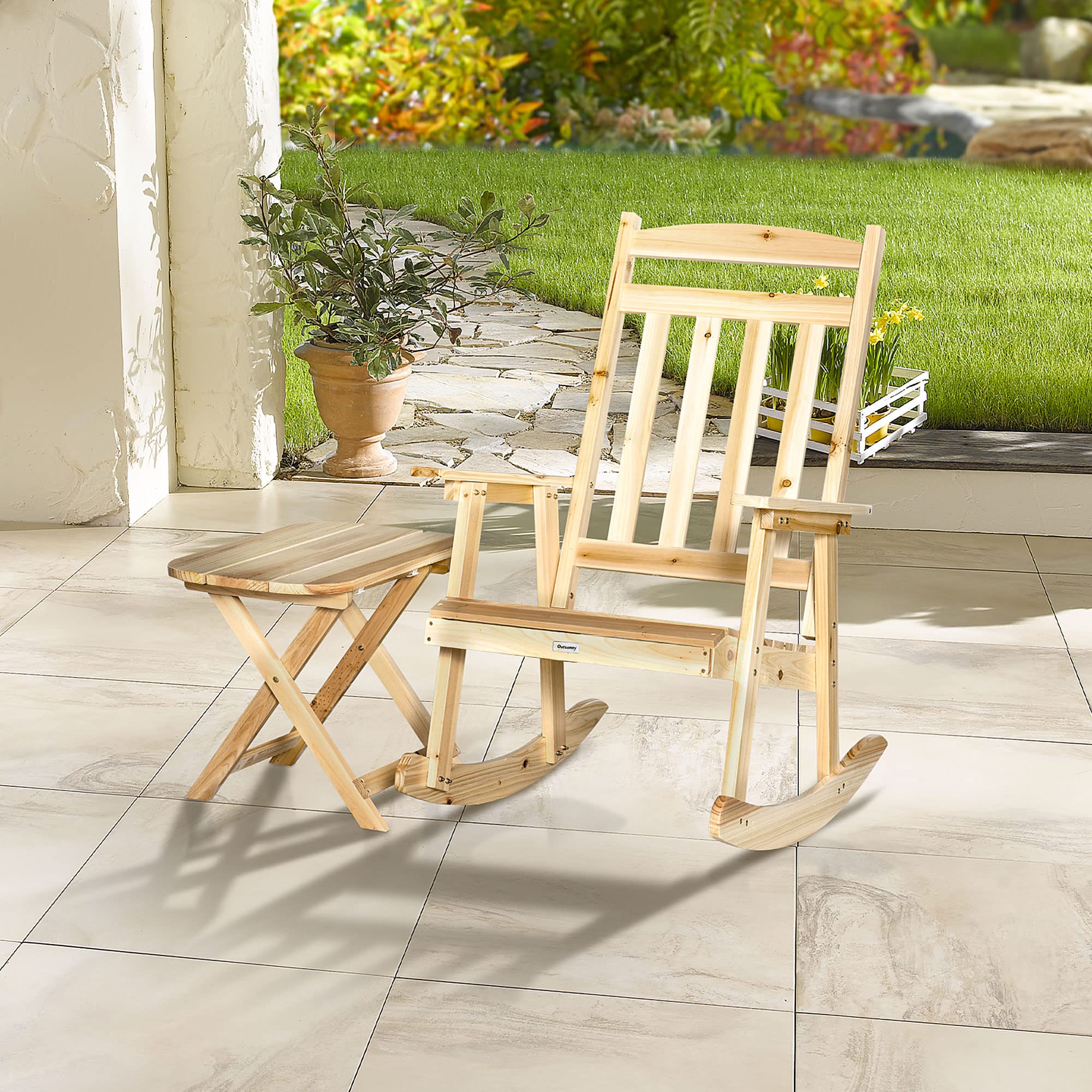 Outsunny Ensemble de Jardin 2 pièces Style Cosy Chaise à Bascule + Table d'appoint Pliante Bois d'épicéa Massif