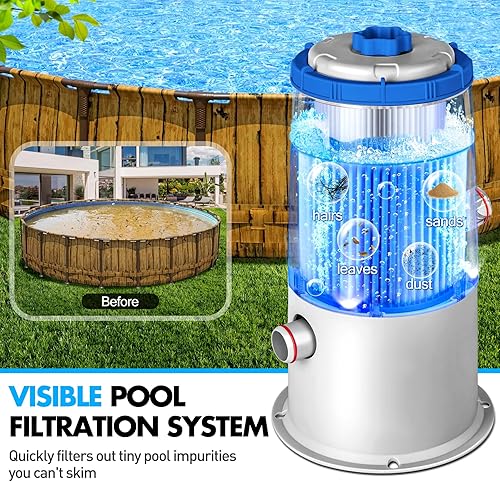 Miniatura 3 de Bomba de filtro de piscina iluminada de 1000 GPH para piscinas sobre el suelo, luz LED azul incorporada, carcasa transparente para monitor de