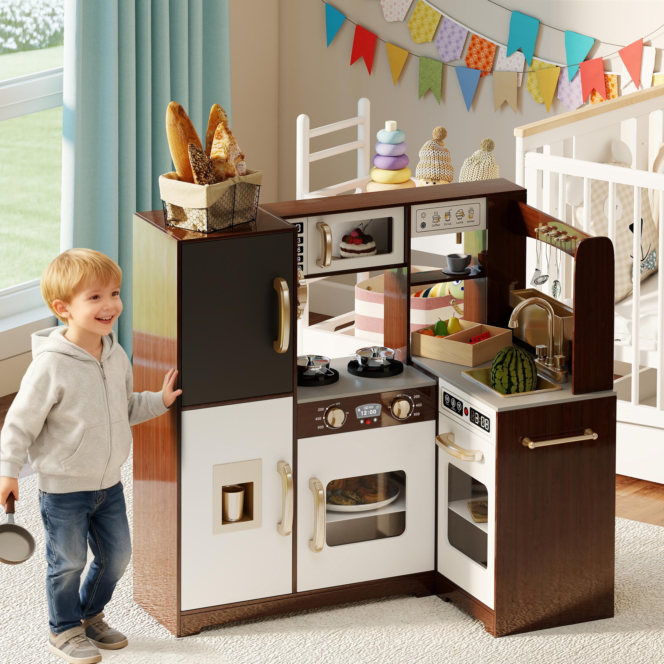 TaoHFE Brown Corner Play Kitchen with Lights,Kitchen Set for Kids Ages 4-8