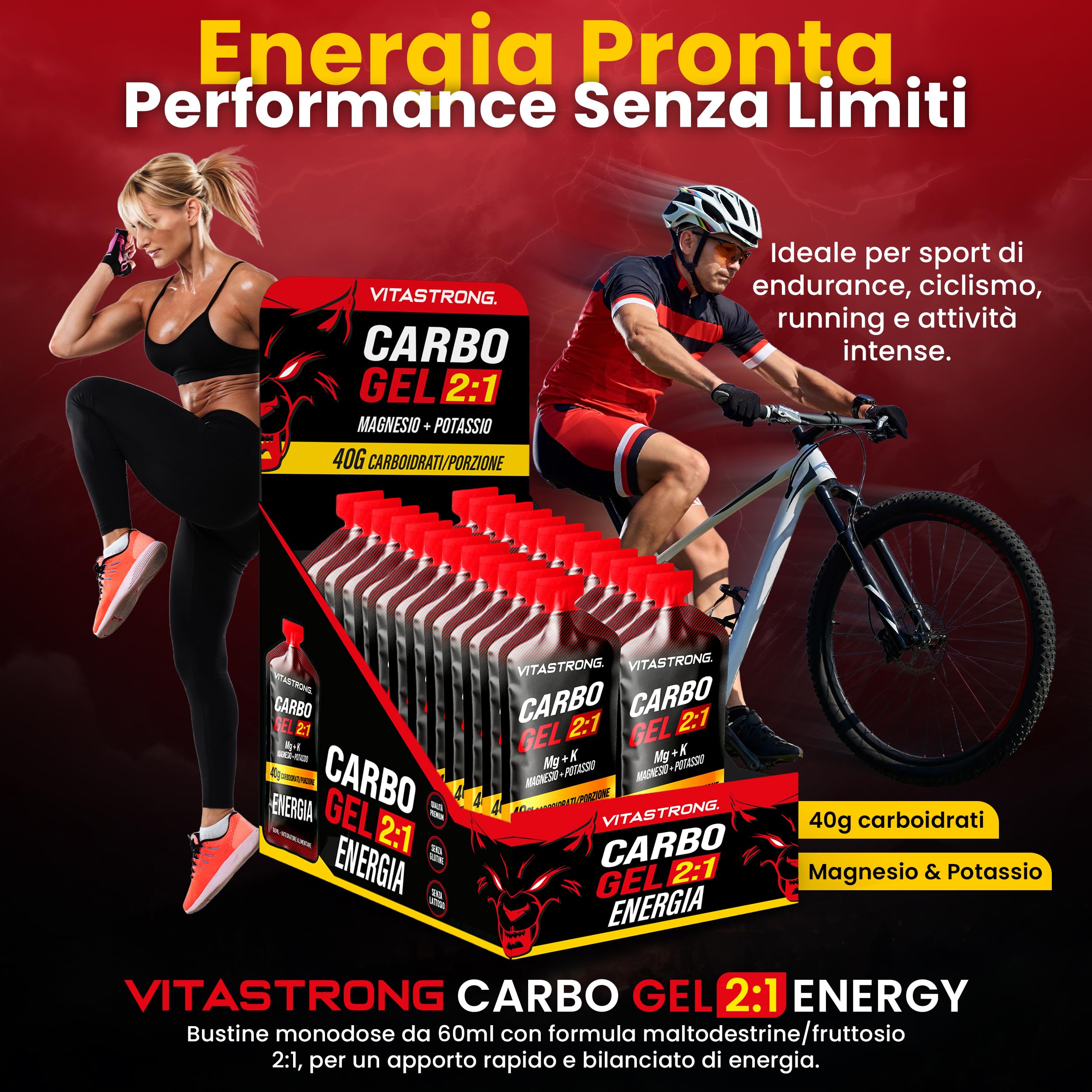 Vitastrong Carbo Gel 2:1 Energy Magnesio e Potassio Bustine con Cannuccia | 24 Carbogel da 40g Carboidrati, 56mg Magnesio e Potassio 300mg per Dose, Maltodestrine, Ciclismo Pre Workout e Intra Workout