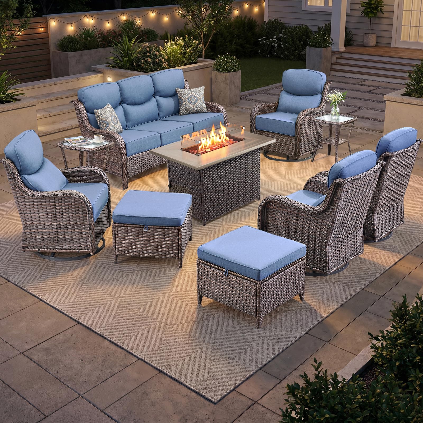 Luxury Patio Furniture Set 10pcs with 6-inch Cushion, Outdoor Furniture with Fire Pit Table, Swivel Chairs, Sofa, Side Table, Ottomans, Patio Set for Deck Yard Brown Wicker | Blue Cushions