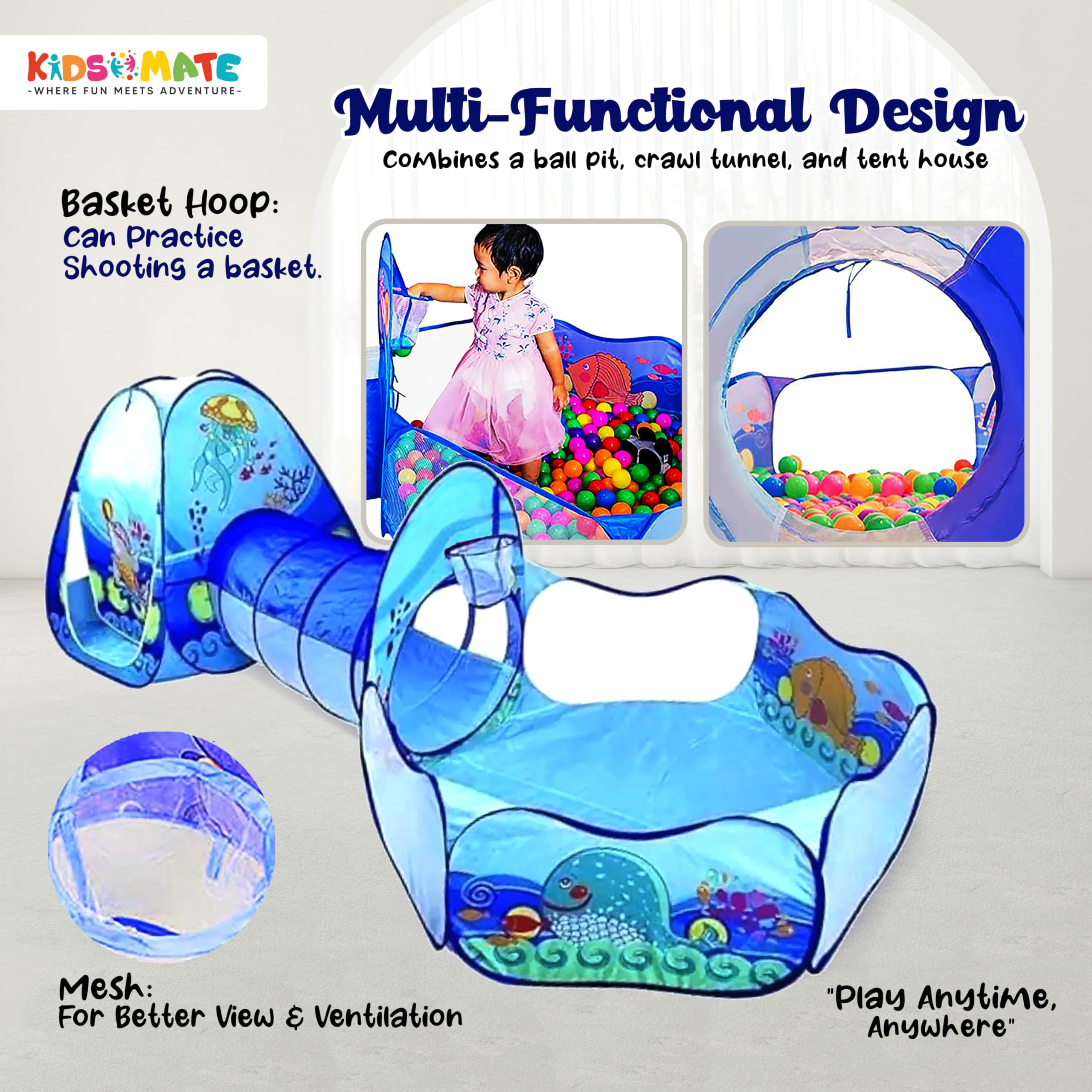 Kidsmate 3-in-1 Ball Pool Tunnel for Kids 1-5 Years | Foldable Pop-Up Tent with Crawling Tunnel, Ball Pit & Playhouse | Indoor/Outdoor Activity Toy for Boys & Girls | Balls Not Included – Blue - Image 4 thumbnail