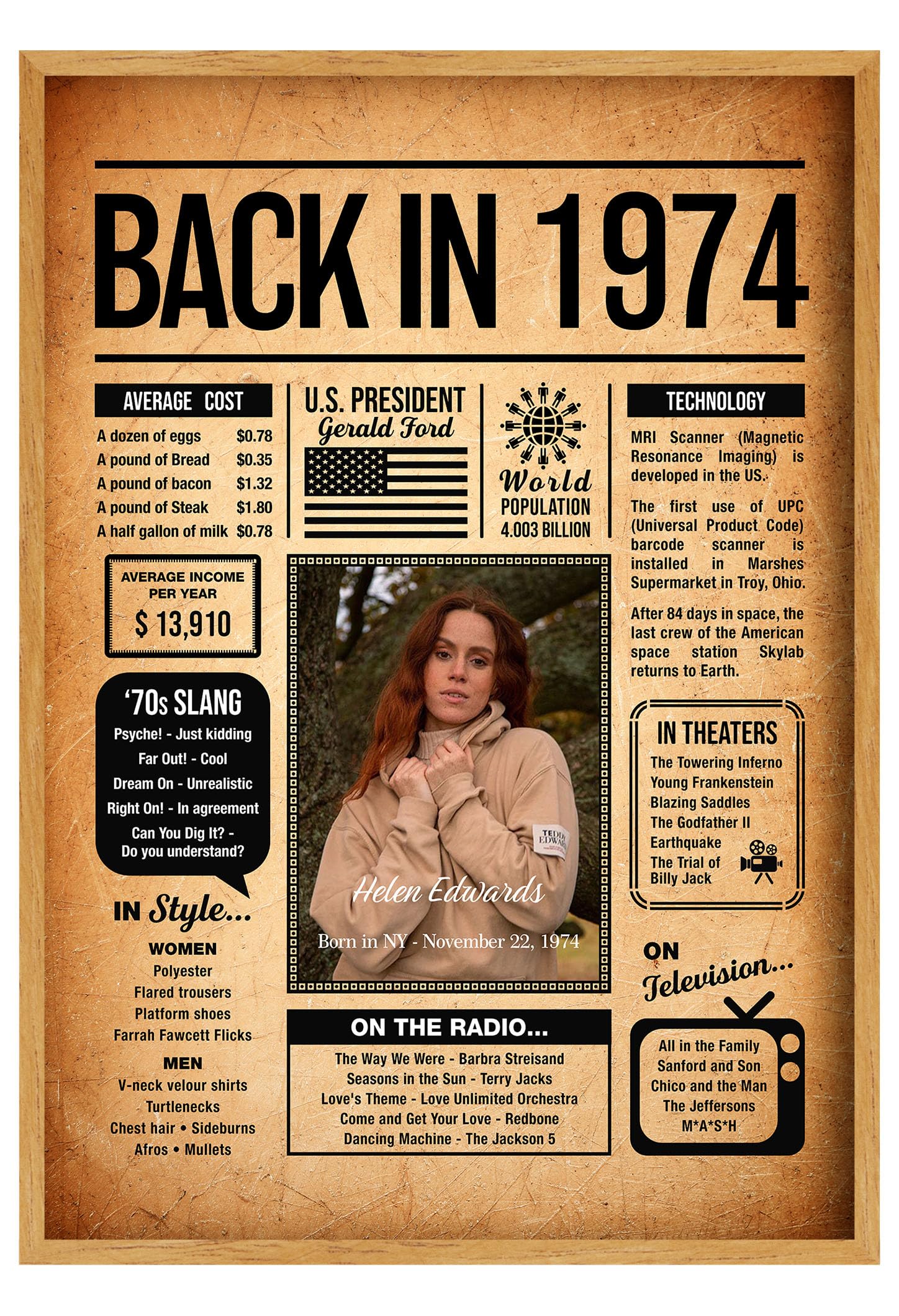 Back in 1974 Poster Sign Personalized Birthday Gifts Idea Custom 1974 Historical Birthday Newspaper Born in 1974 Birthday