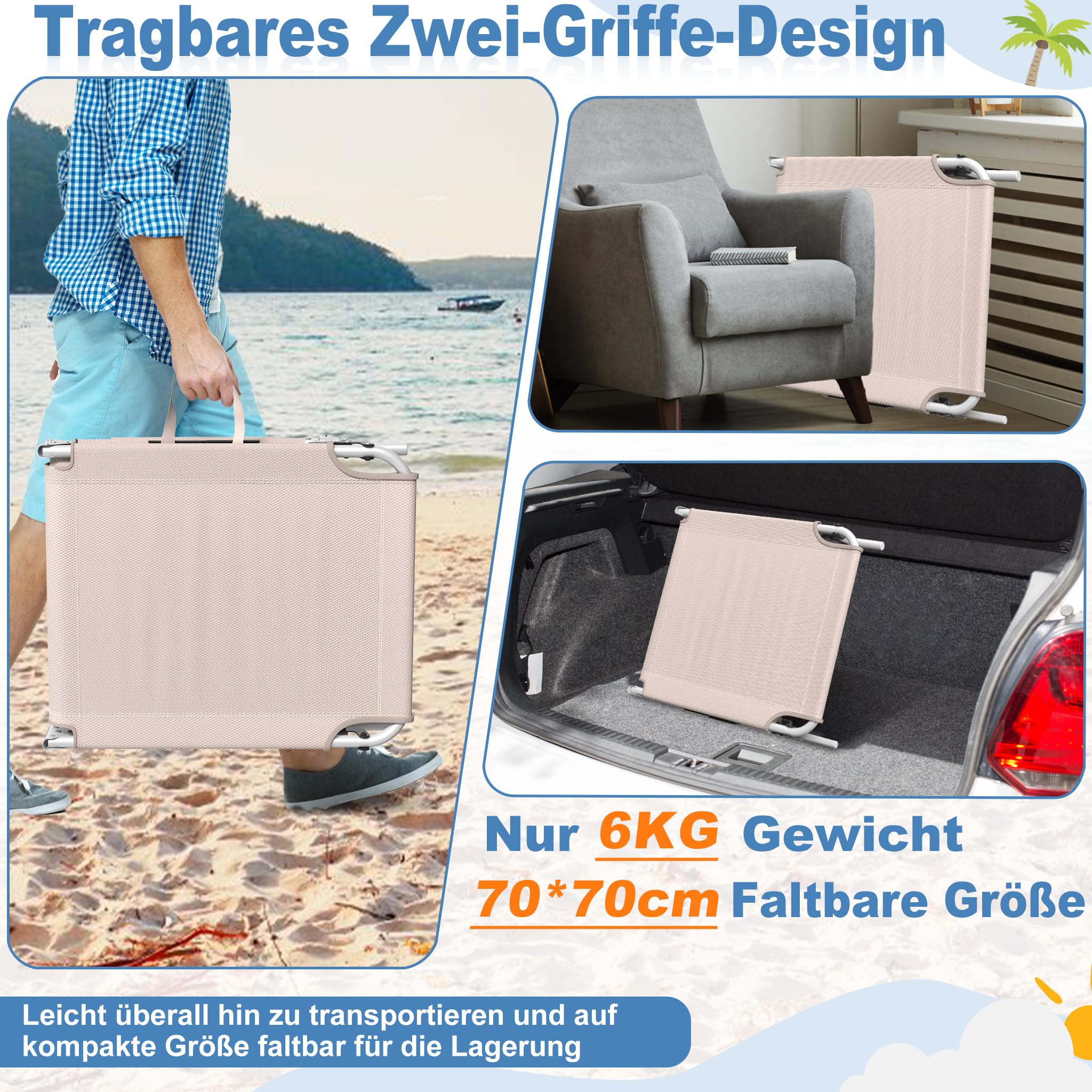 YRHome Leżak ogrodowy z dachem, leżak ogrodowy z poduszką pod głowę, składane oparcie, ochrona przed słońcem do 100 kg, na plażę, kemping, balkon, taras, khaki