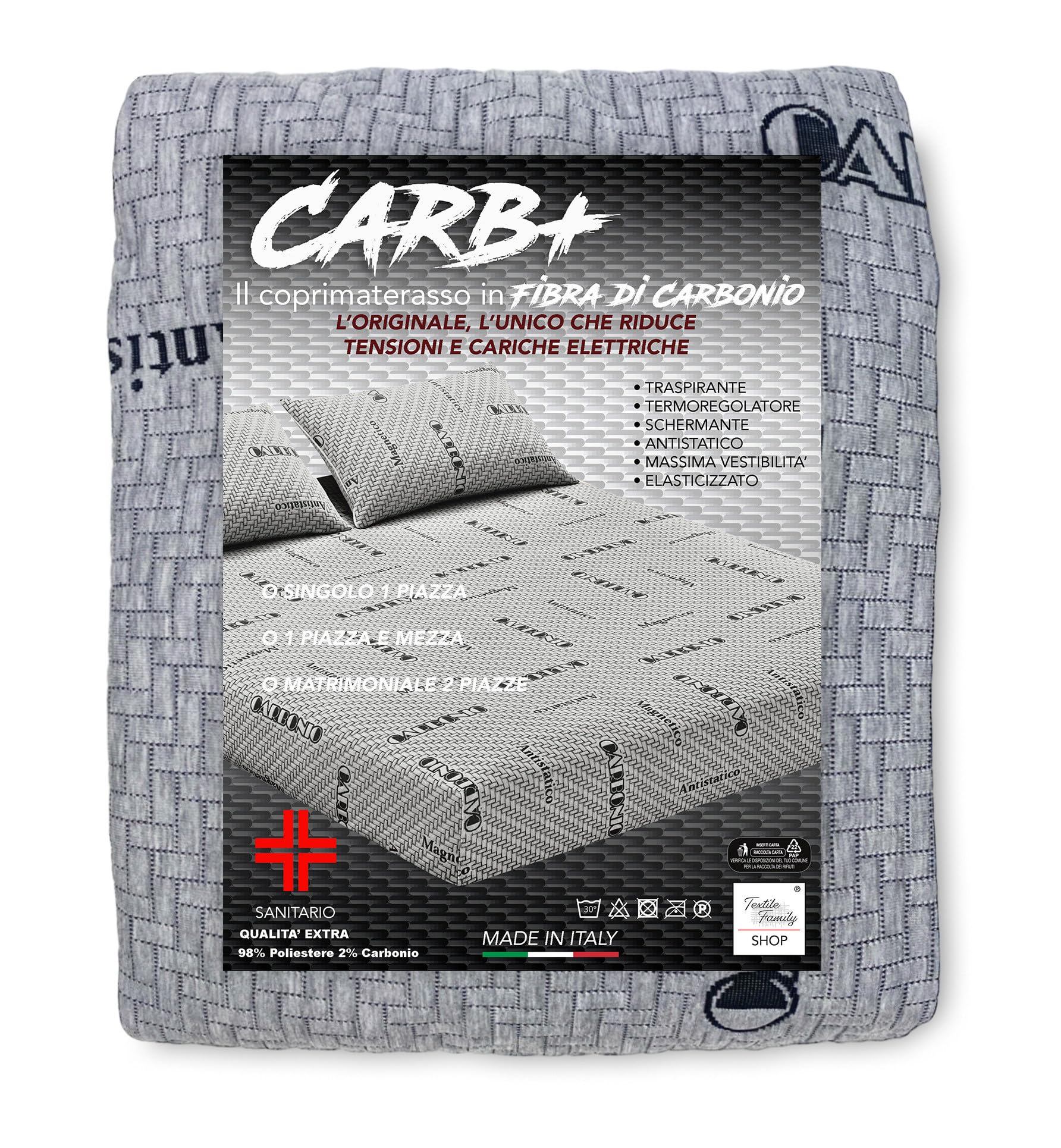 Tex family - Coprimaterasso CARB Plus | Fibra di Carbonio | Antistatico | Termoregolatore | Antiodore | Scherma Campi Elettromagnetici, 2 Piazze, Poliestere