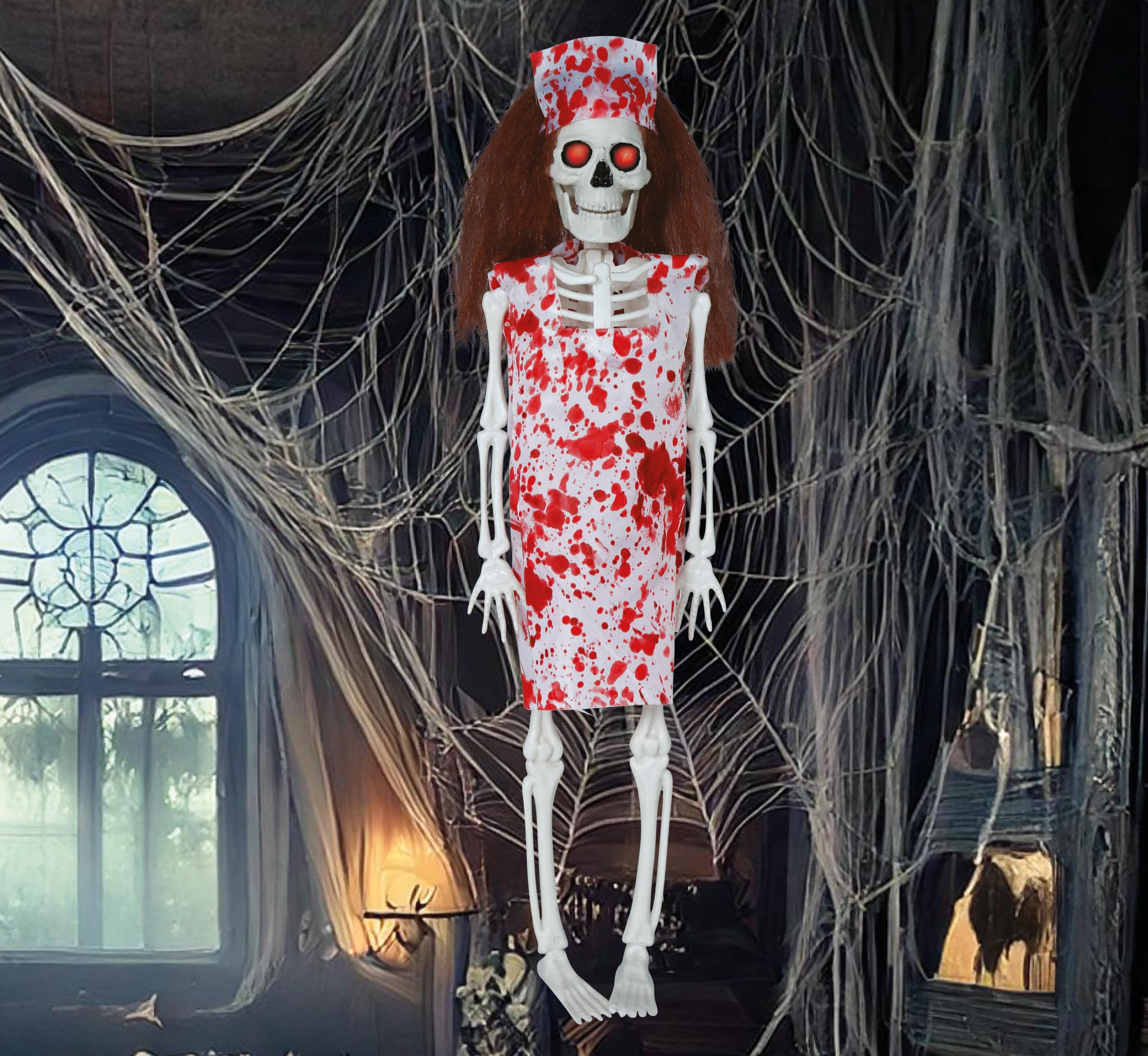 FIESTAS GUIRCA | Hanging Nurse Skeleton (15.7 in) - Halloween Decoration for Horror Parties and Skeleton Celebrations - Ideal for Spooky Environments and Scary Scenes - Beige