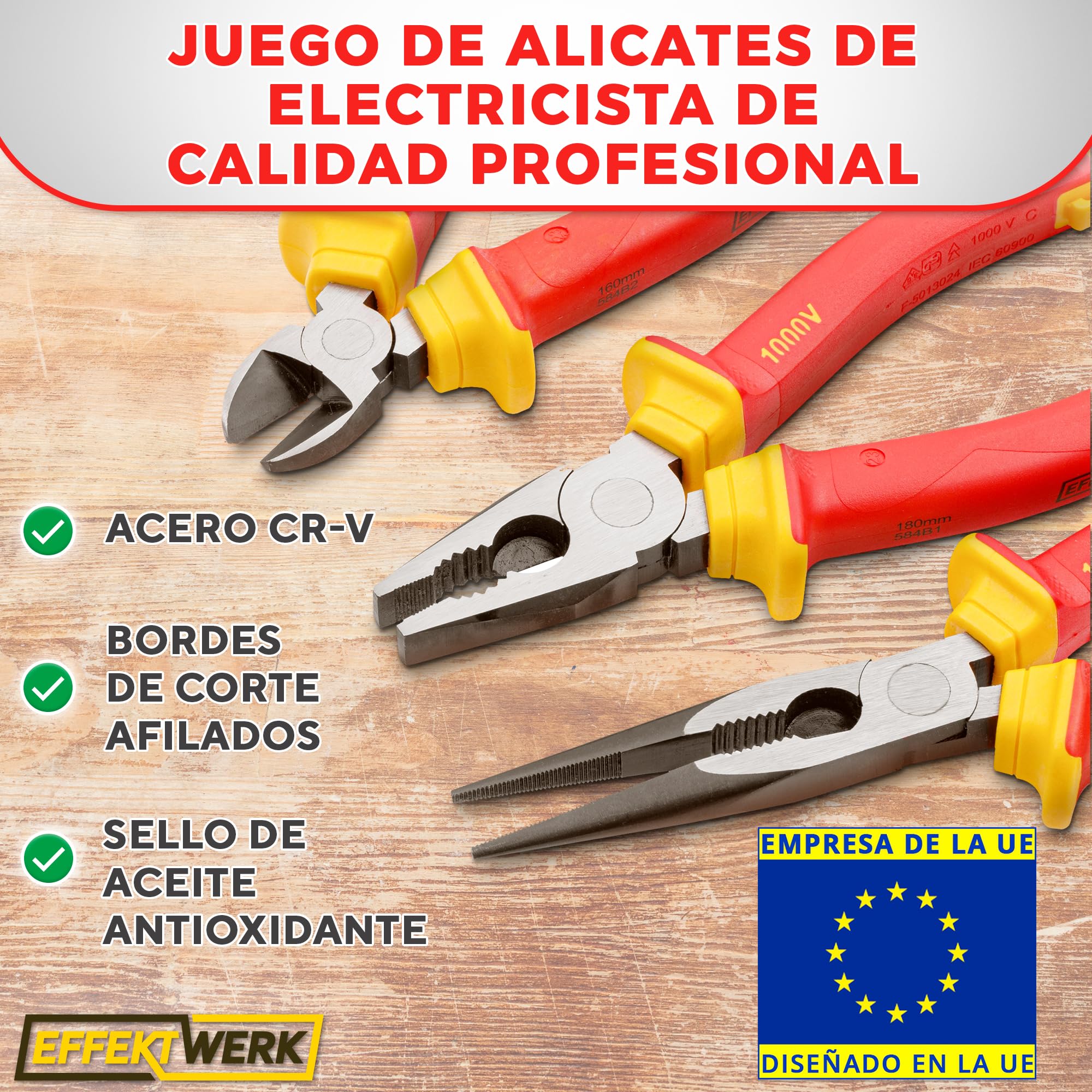 Juego de alicates para electricista de 3 piezas, aislados y probados por VDE, combinados, alicates de corte largos/de punta fina y laterales/alicates de corte diagonal