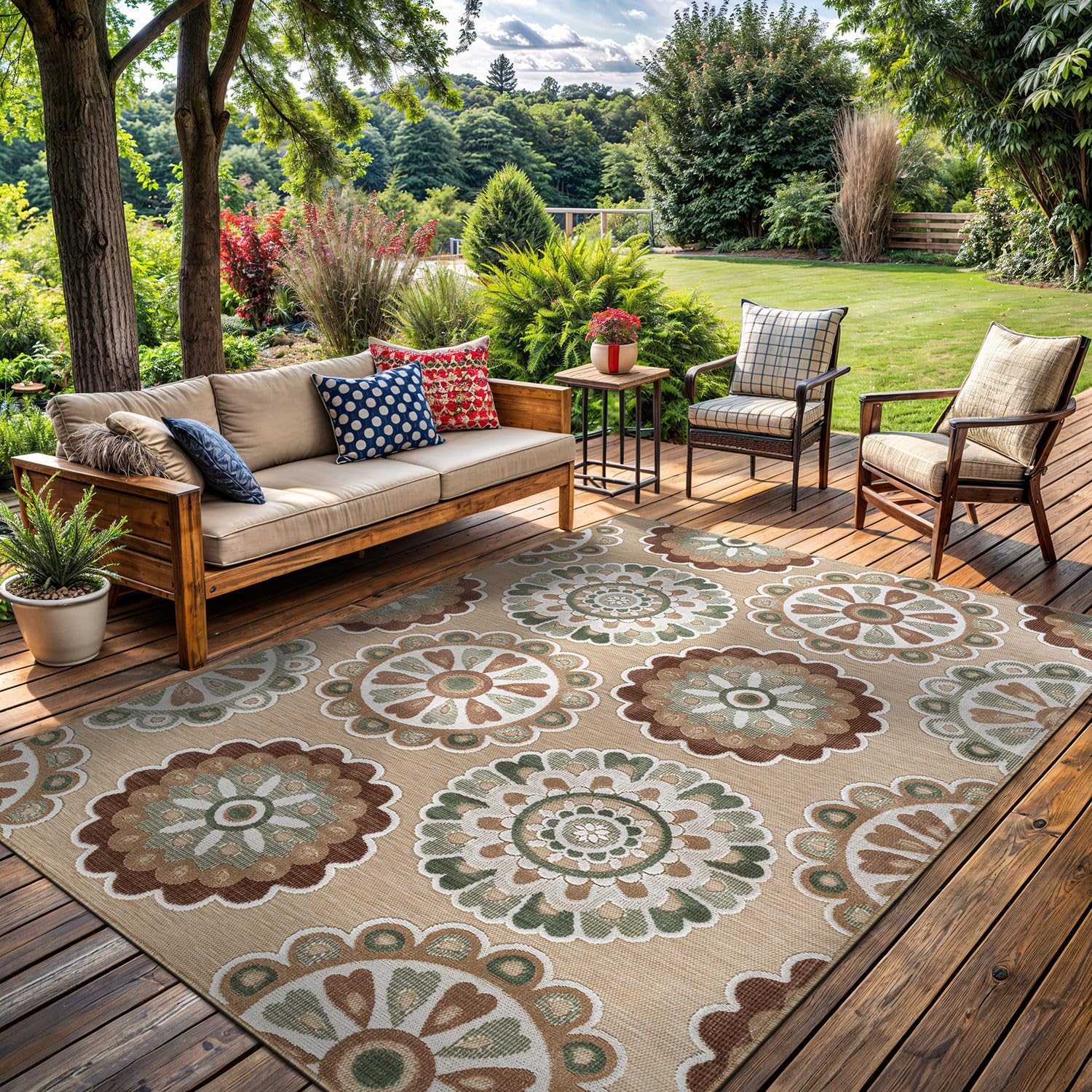 Outdoor Rug 6x9 Washable Area Rugs Indoor Outdoor Carpets Beige Bohemian Medallion Non Shedding Waterproof Easy Clean Patio Deck Porch Living Room