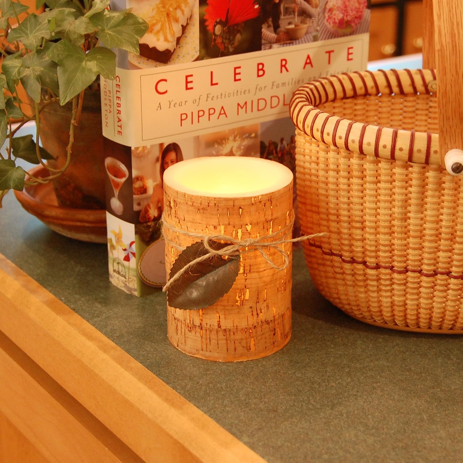 LumaBase Battery Operated Wax LED Candles, Cork with Leaf - Set of 2
