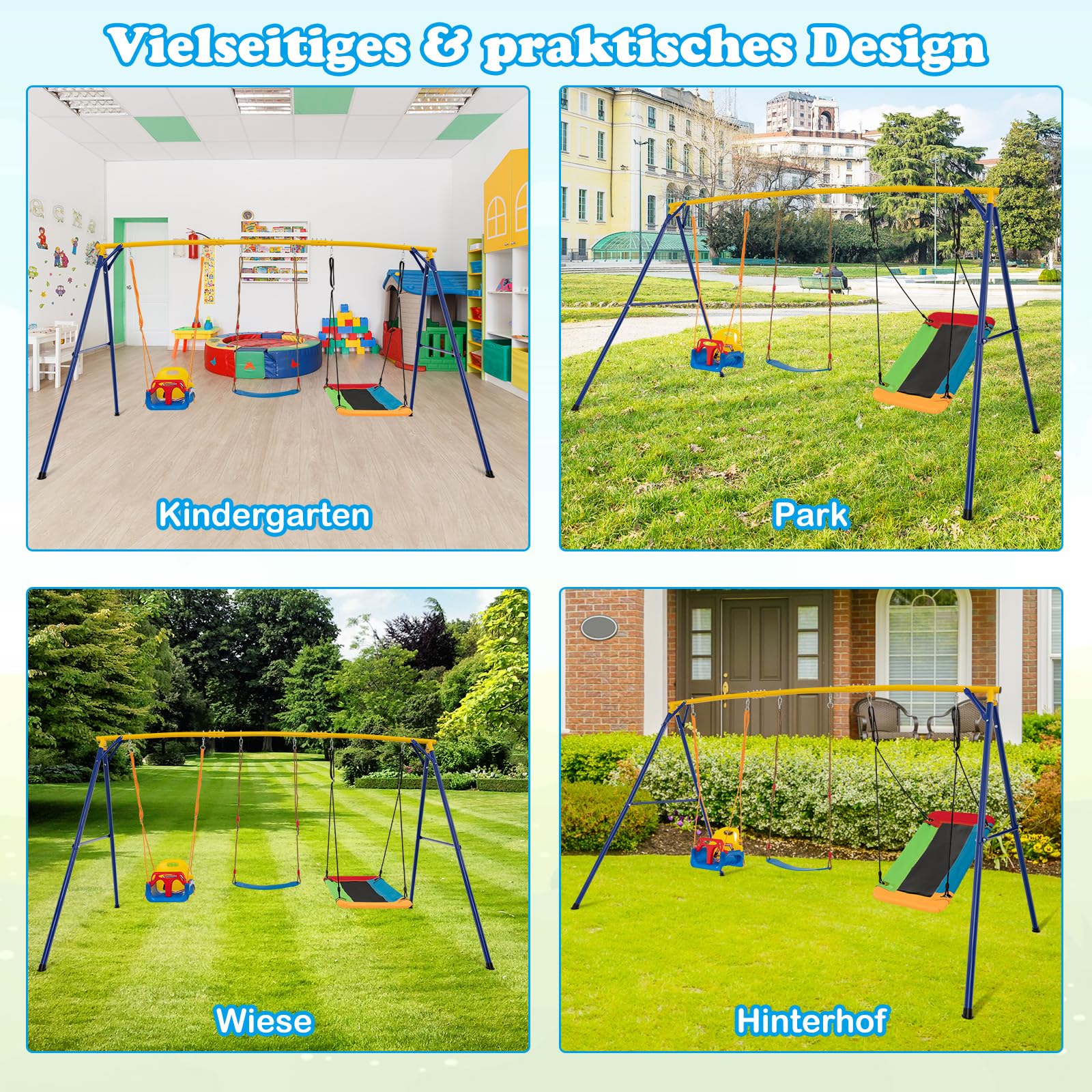 COSTWAY Schaukel mit Gestell Outdoor, Schaukelgestell Metall mit Erdspießen | Schaukelgerüst mit Nestschaukel, elastischer Kinderschaukel & Babyschaukel, Outdoor Schaukel für Kinder, 350 x 182 x 188 cm