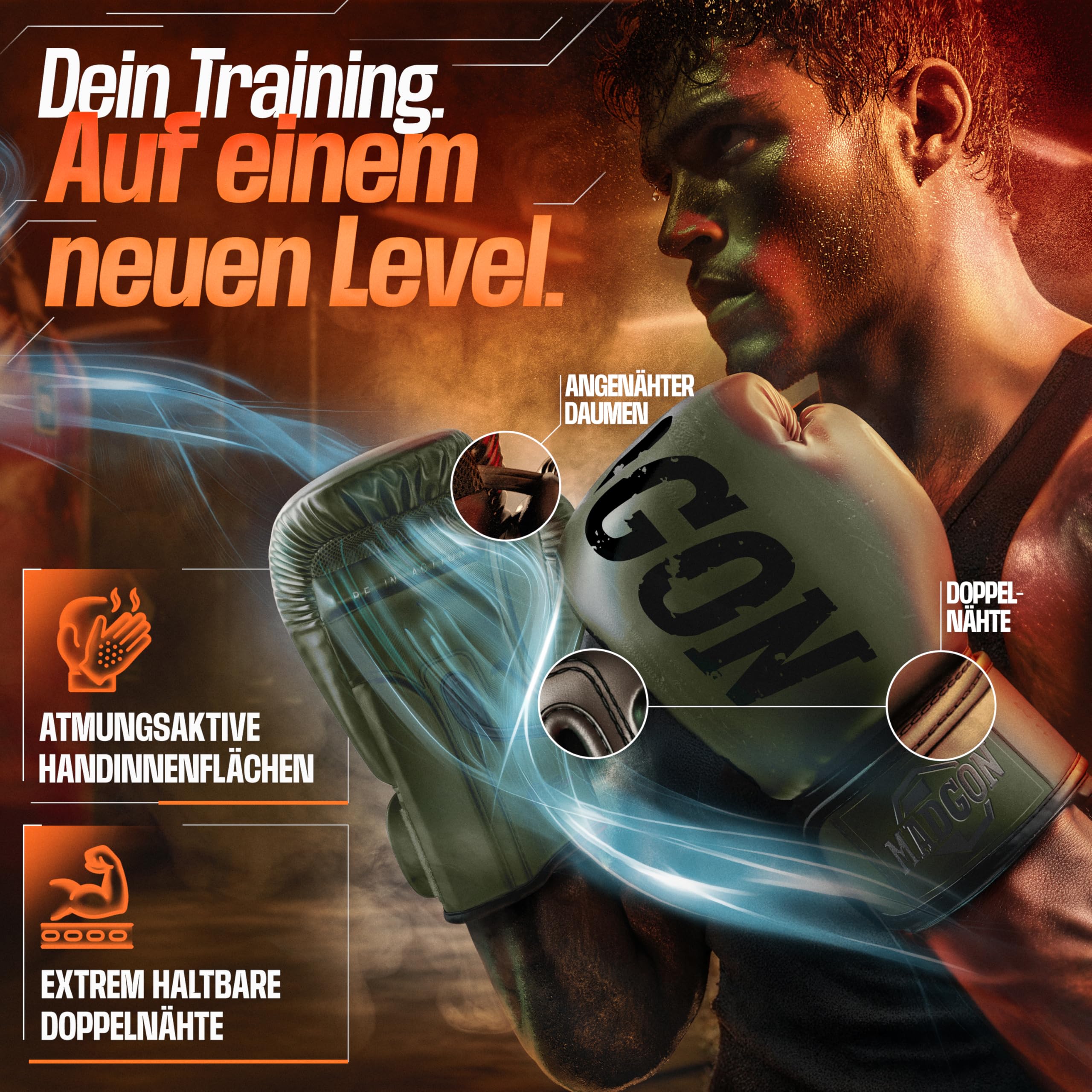 MADGON Premium Boxhandschuhe aus bestem Material für Lange Haltbarkeit, Männer und Frauen Kickboxhandschuhe für Kampfsport, MMA, Sparring, Muay Thai und Boxen 10 12 14 16 oz inkl Beutel
