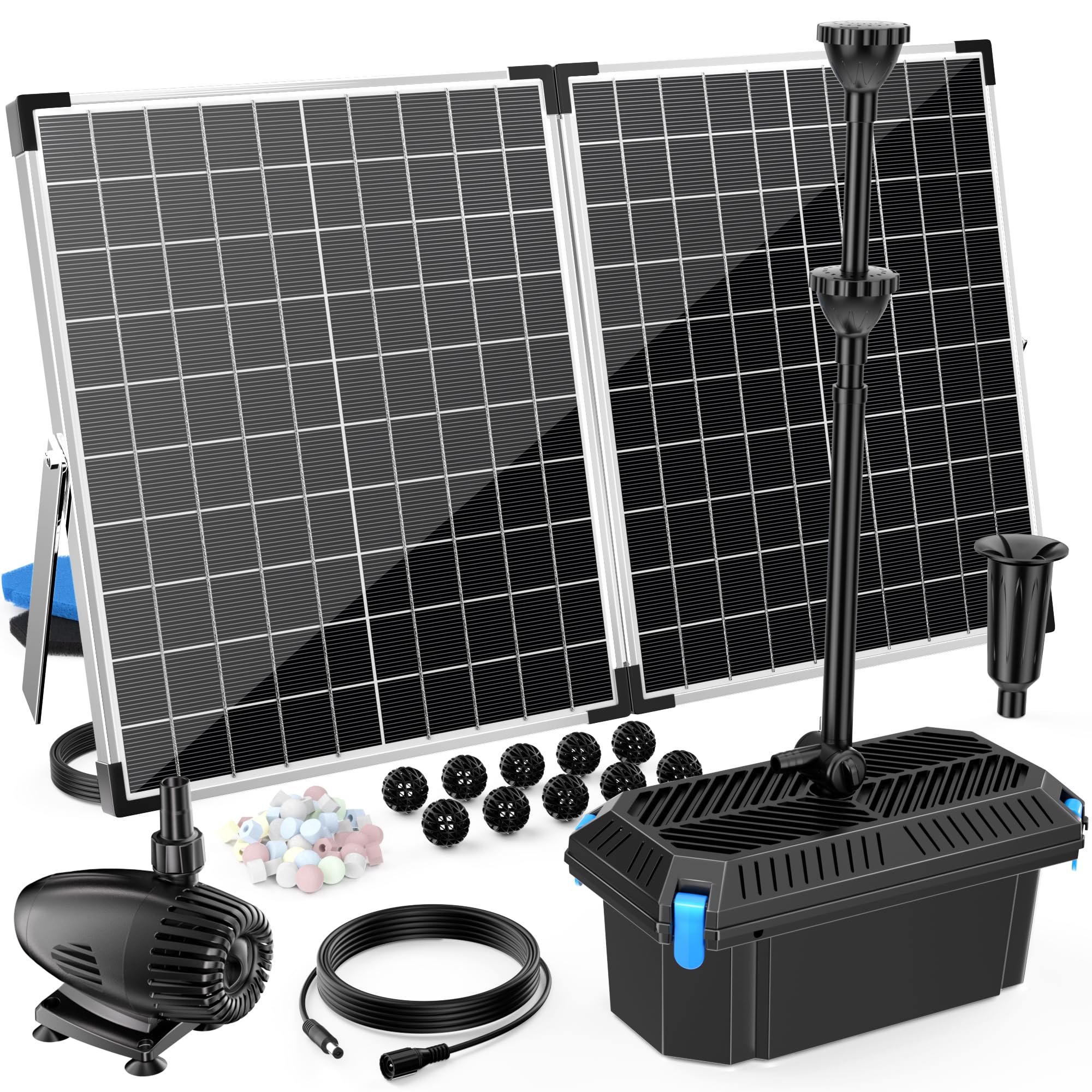 Antfraer 55W Solar Teichfilter, Solar Springbrunnenpumpe mit Teichfilter Kit Einstellbarer Durchfluss, Teichfilterbox mit Filtermedien für Außenteiche Fischtank Pool Wasserfall Koi Teich Wasserspiele