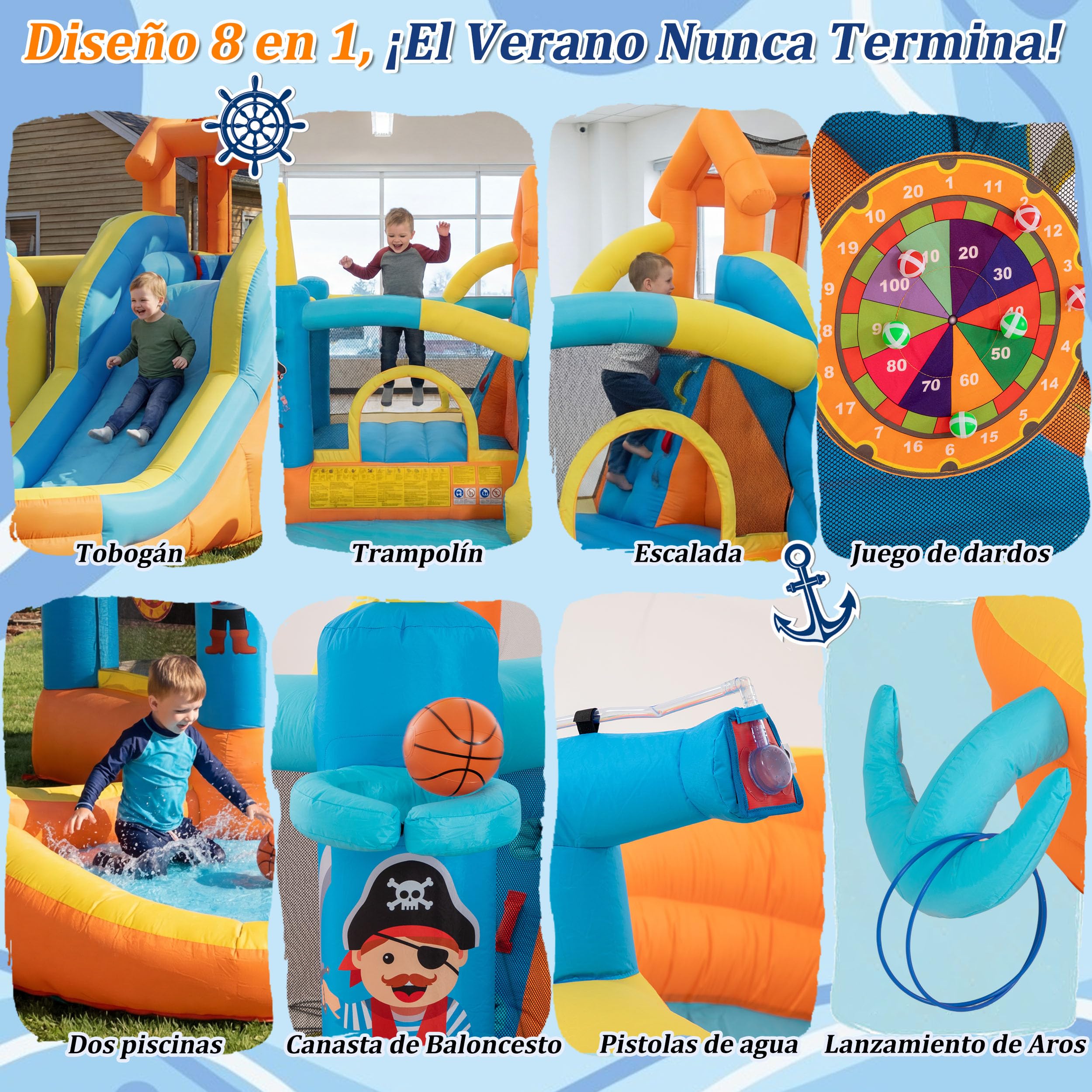 UEV Parque Hinchable 8 en 1 para Niños con Ventilador, 414 x 364 x 244 cm | Parque Infantil Temático Náutico con Tobogán y Pistola de Agua, Castillo Hinchable Interior y Exterior para Niños 3-10 Años