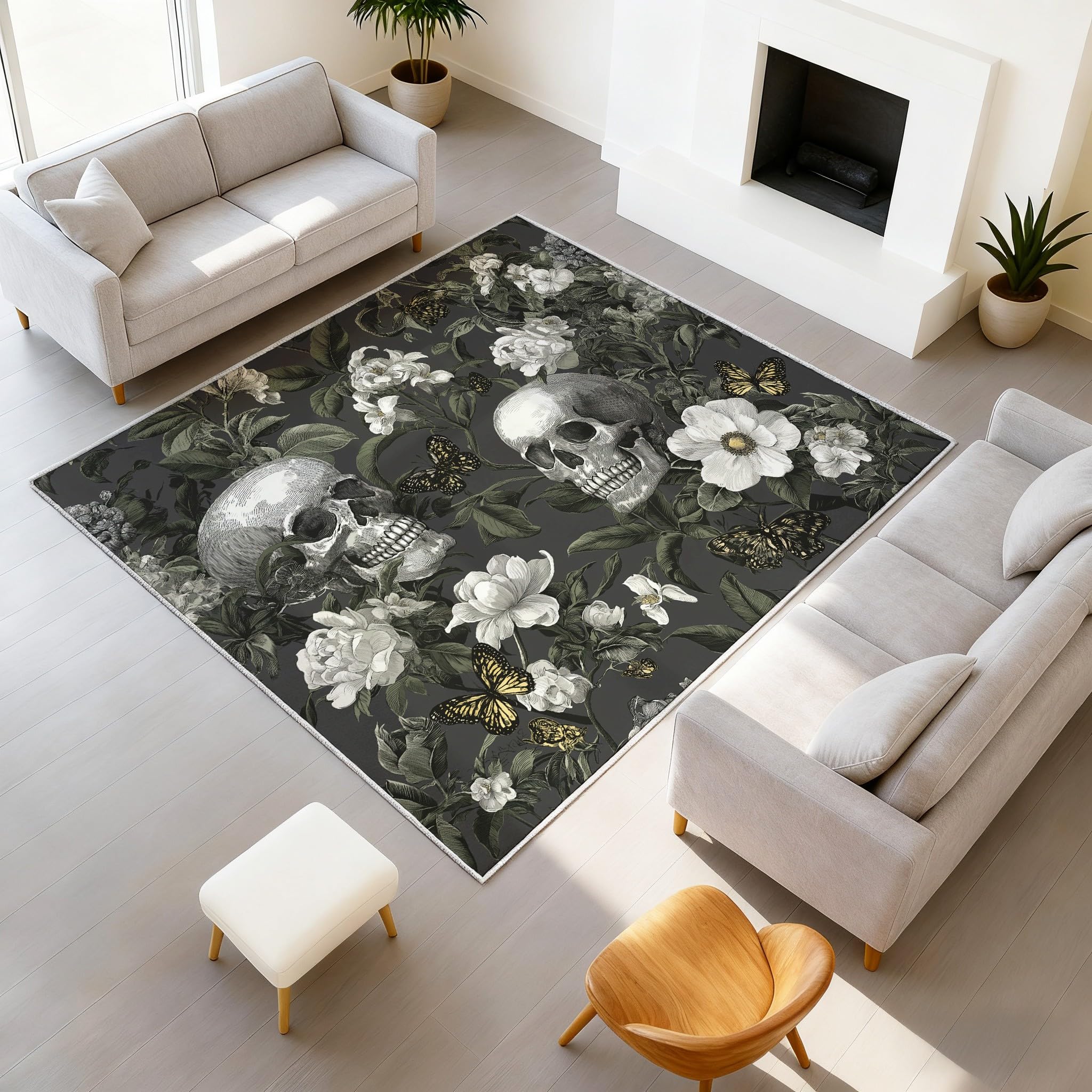 Tapis rétro vintage 90x150 cm floral et crâne imprimé poil ras