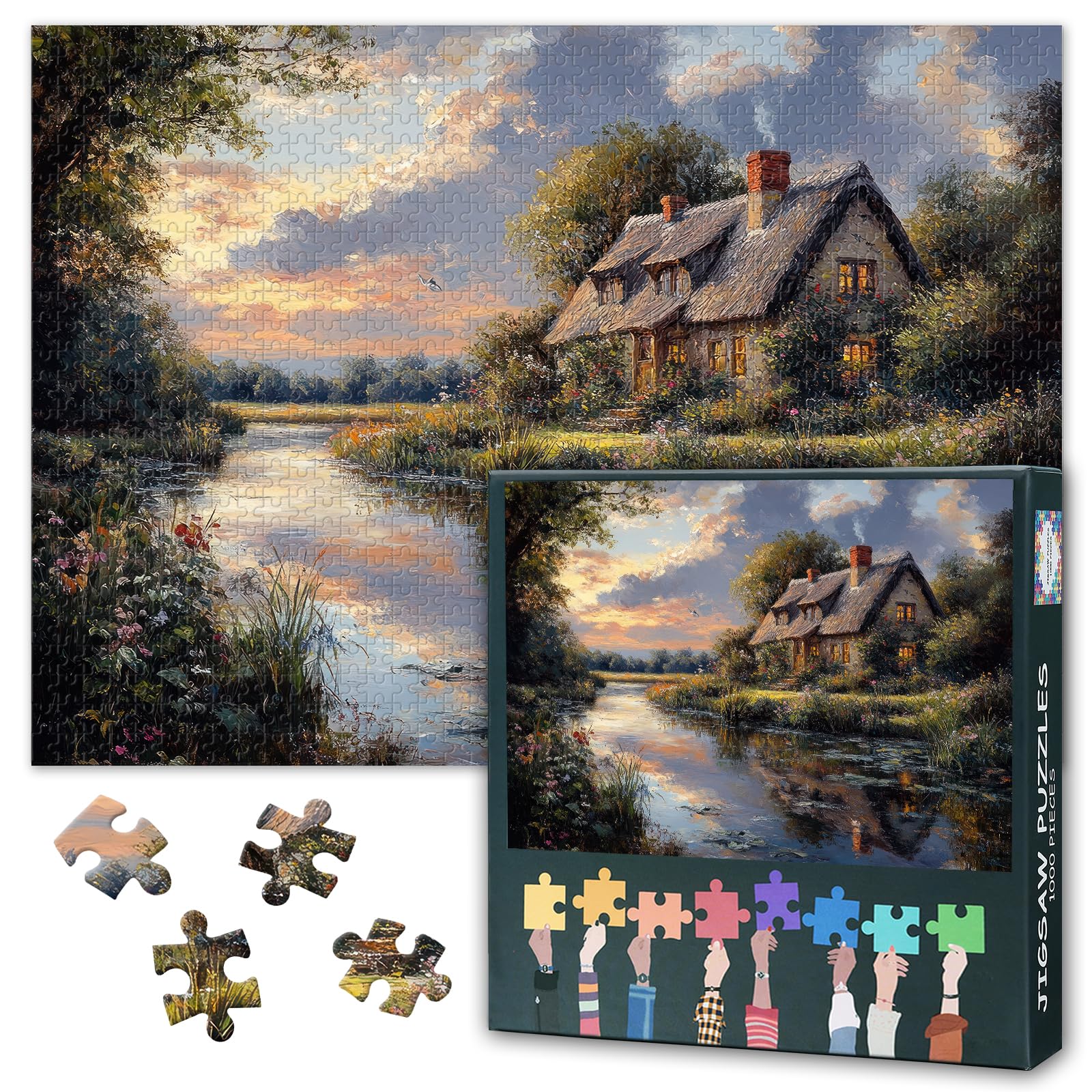 Countryside Puzzles for Adults 1000 Pieces, Rustic Cottages and Tranquil Pond Jigsaw Puzzles, Adult Puzzle for Adults, Educational Fun Games or Toys for Elders Friends 20X27 INCH