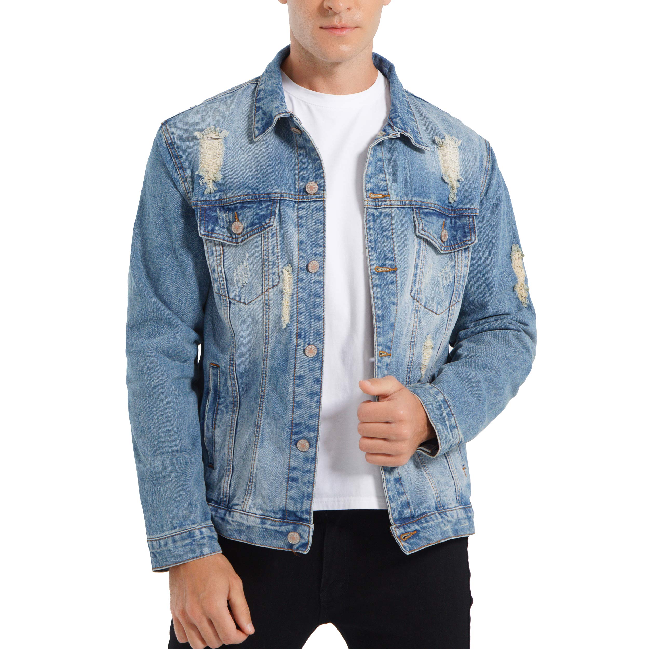 ChuSang Men's Jean Jacket Classic Ripped Slim Denim Trucker Jacket with Holes