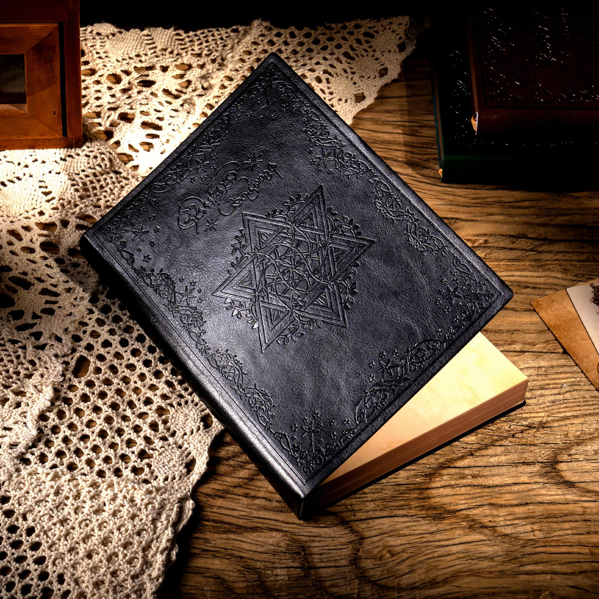 MINICAGIE Liniertes Tagebuch für Herren, weicher Einband, schwarzes Herren-Tagebuch zum Schreiben, 180 flache Vintage-Notizbücher, Hexagramm, persönliches Notizbuch, 14 x 21 cm