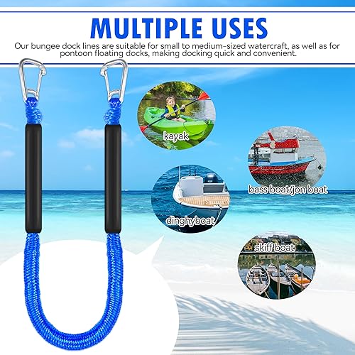 Miniatura 2 de Líneas de muelle elástico de 4 pies para barco, cuerdas de amarre para muelle (azul, dos ganchos de 4 pies)