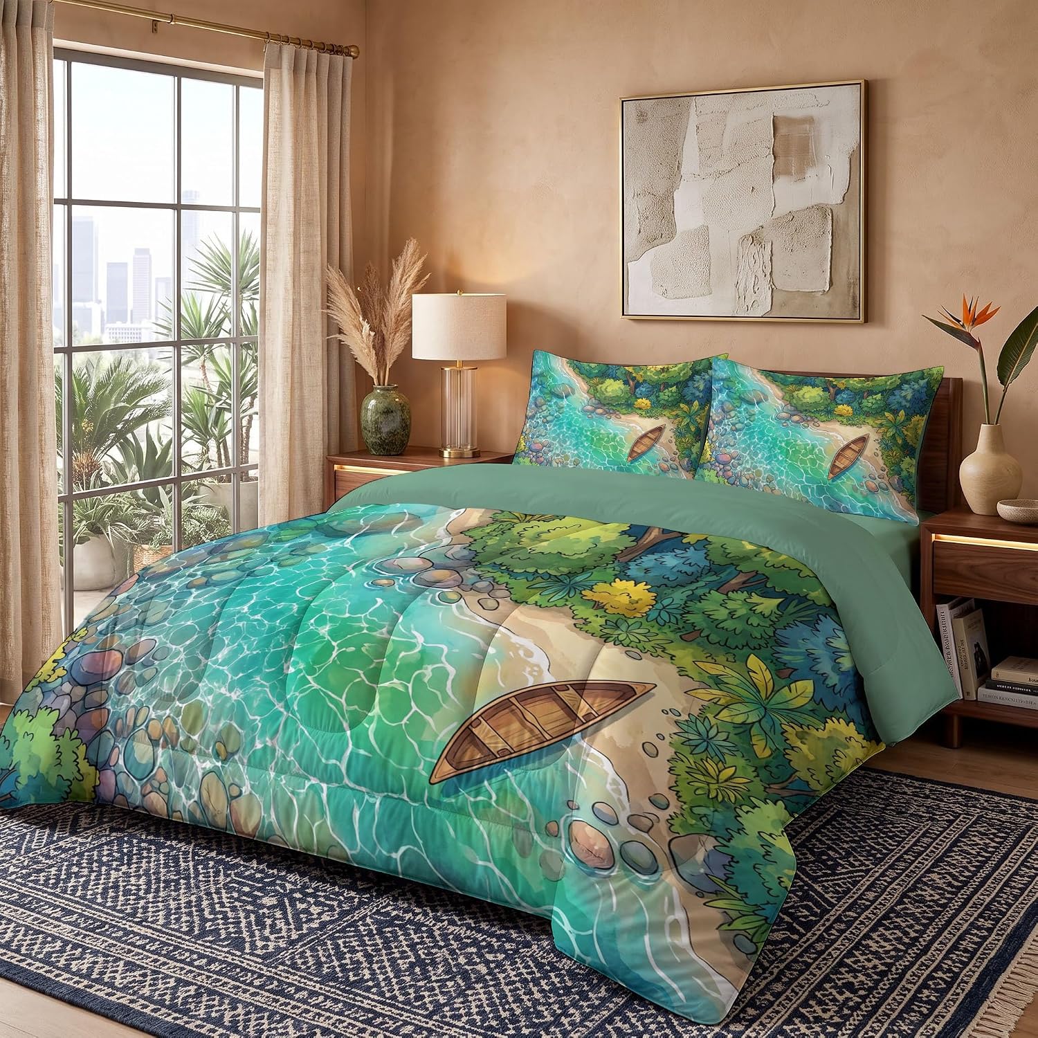Tropical Scenery Comforter Set Queen Size, Coastal Canoes Print Breathable Bedding Set for Girls Boys Teens, Turquoise Quilt Duvet with 2 Pillow Cases
