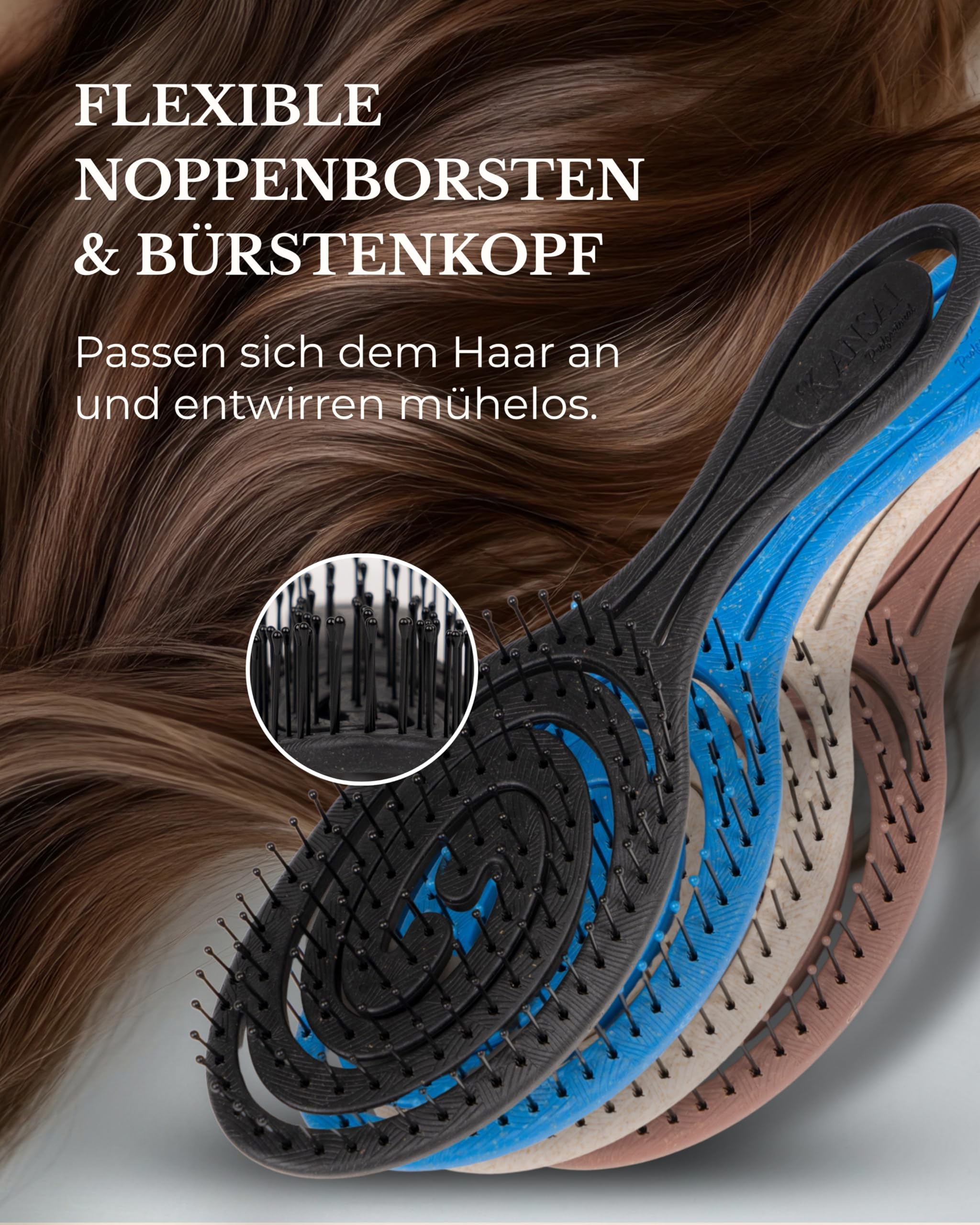 Kansai BOUNCY Brush mit flexiblen Noppenborsten I Aufsteller mit 8 Bürsten I Hochwertige Haarbürste ohne Ziepen I Perfekt für Friseursalons I Entwirrungsbürste ideal für glattes & lockiges Haar