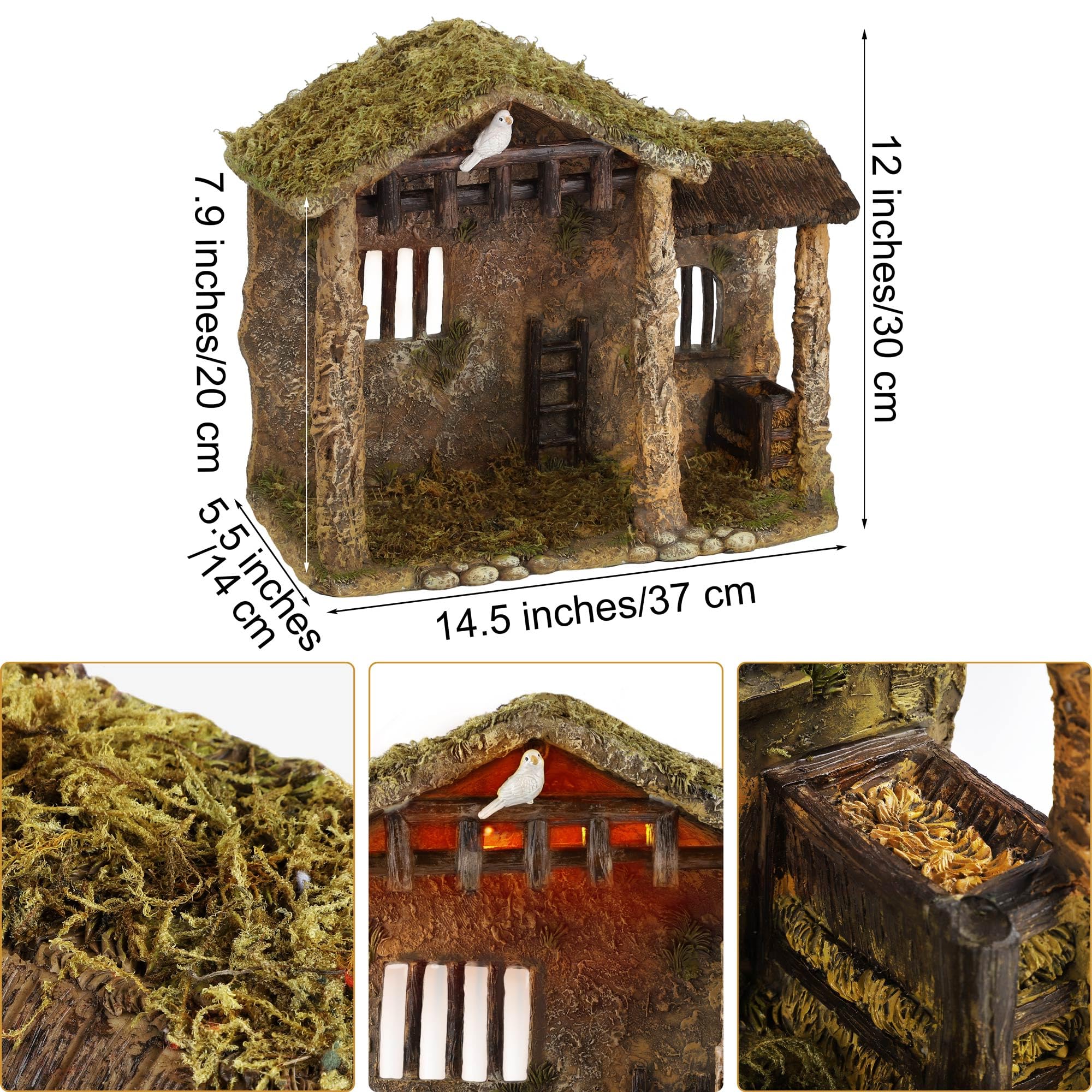 Fovths 14.5 Inch Nativity Lighted Stable Manger Figurine Religious Christmas Stable Manger Resin Tabletop Decor Moss Roof and Floor Nativity Figurine Resin with LED Lights for Home Christmas