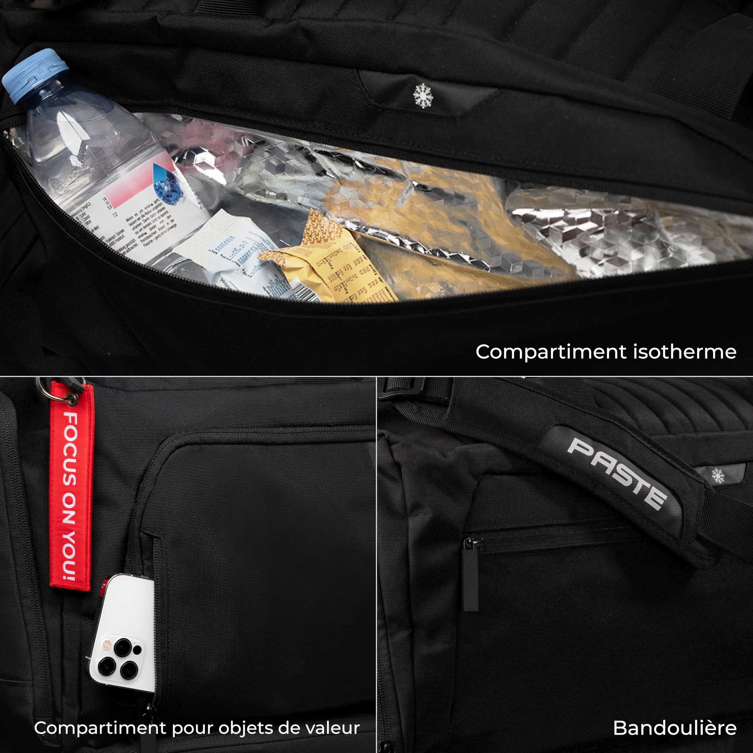 PASTE® - Sac de Sport 68L & Sac de Voyage XL avec Fonction Sac à Dos – Compartiment Chaussures, Poche Isotherme & Compartiment Humide – Fitness, Musculation, Football, Natation – Gym Bag Homme Femme