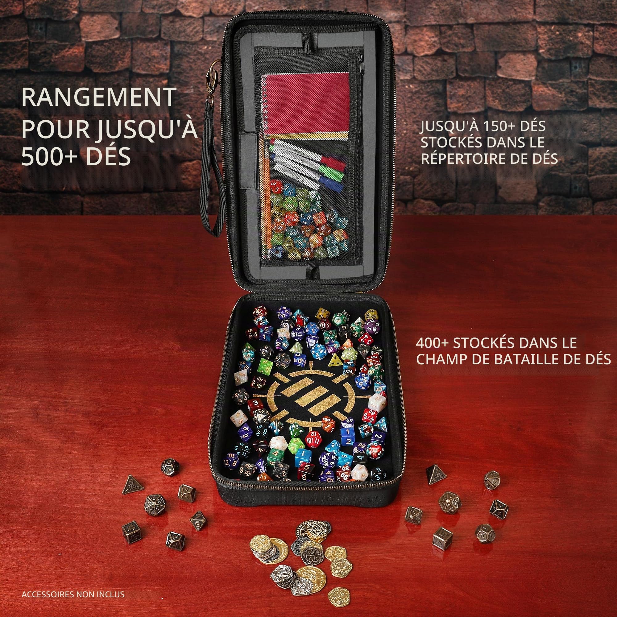 ENHANCE Tabletop Community DND Dice Rolling Tray - Porte-dés et Stockage pour jusqu'à 500 dés RPG avec Conception de Protection Robuste, intérieur Doux et Poches de Rangement (capacité de 500 dés)