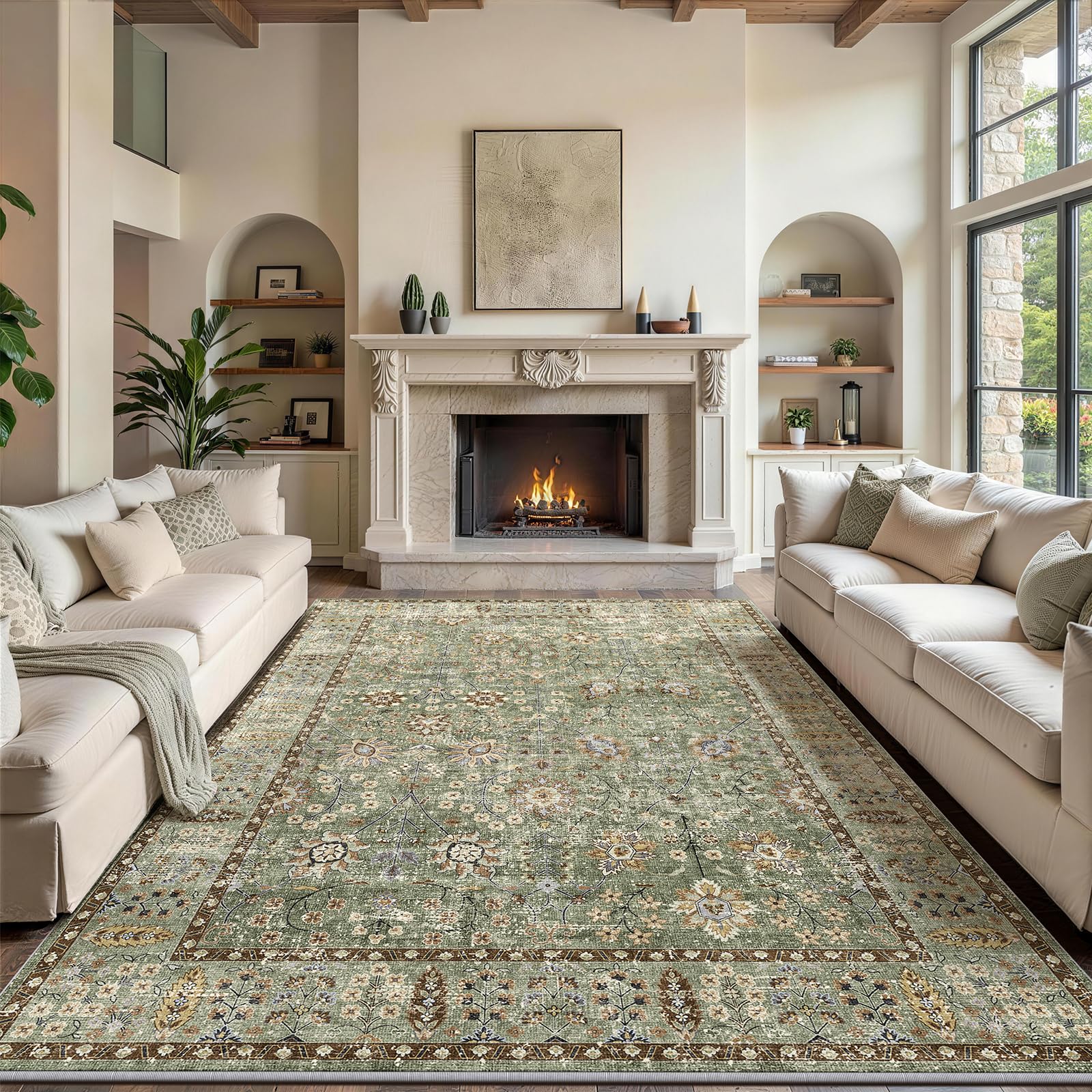 XSIVOD Green Living Room Rug, Washable Boho Area Rugs for Bedroom, Non Slip Vintage Rugs for Dining Room Home Office, Soft Low Pile Floral Rug Accent Floor Carpet for Home Decor, 240x300 cm