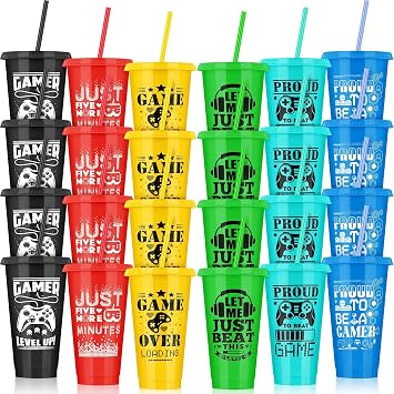Kochorie 24 Pieces Video Game Plastic Cups 24 Ounces Gaming Party Cups with Lids and Straws Mixed Colors Video Game Tumbler Cups for Birthday Party Video Game Party Supplies Tableware