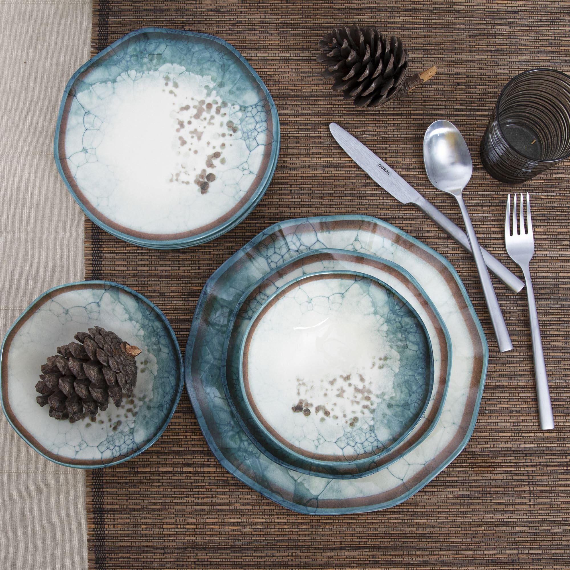 Elegancki 24-częściowy zestaw obiadowy, 100% porcelana, w zestawie talerze serwisowe, miski i talerze deserowe, można myć w zmywarce i używać w kuchence mikrofalowej, idealny na każdą okazję