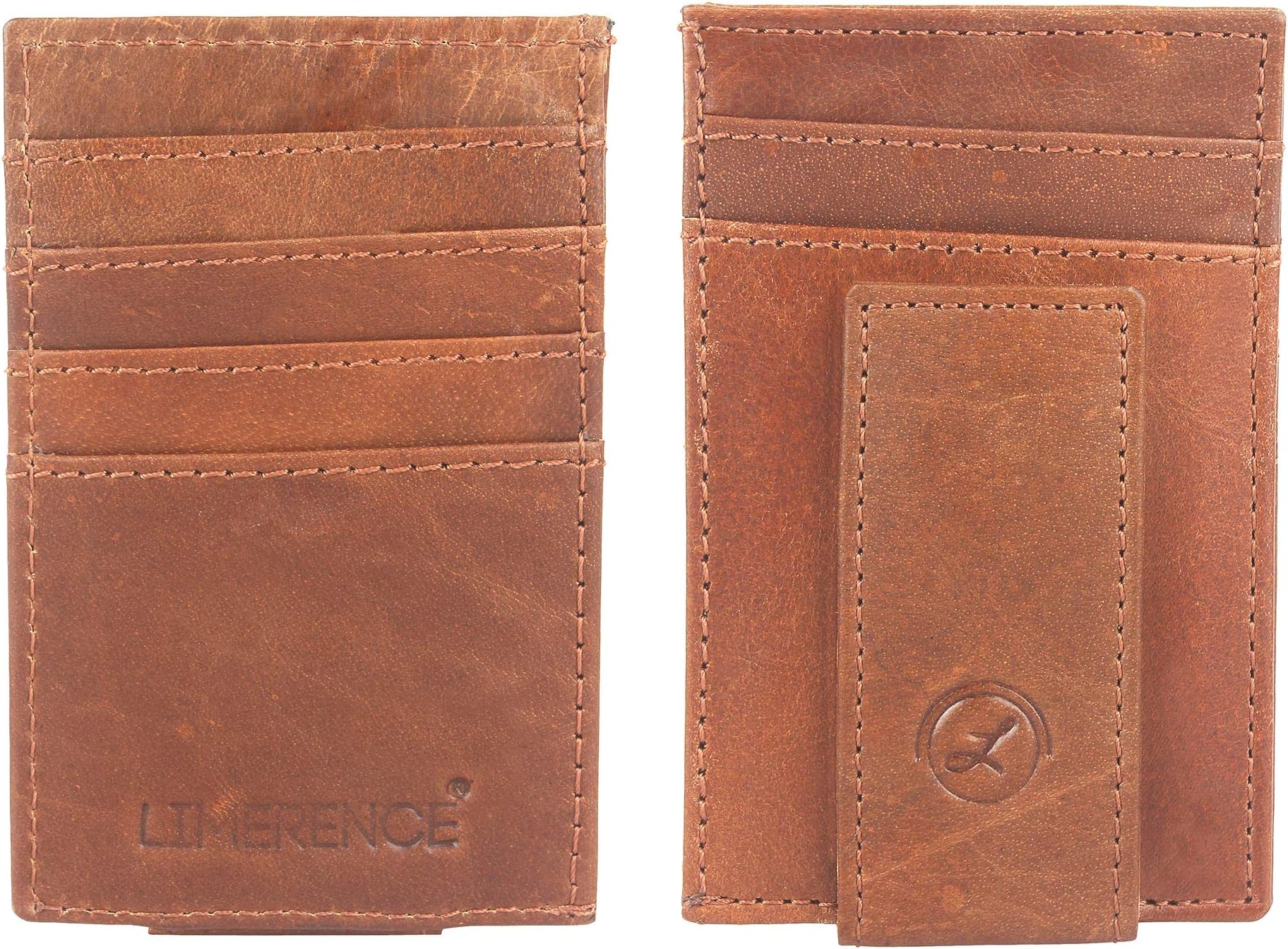 LIMERENCE Crunch Full Grain Genuine Leather Magnetic Front Pocket Money Clip Card Holder Wallet with RFID Blocking- Brown