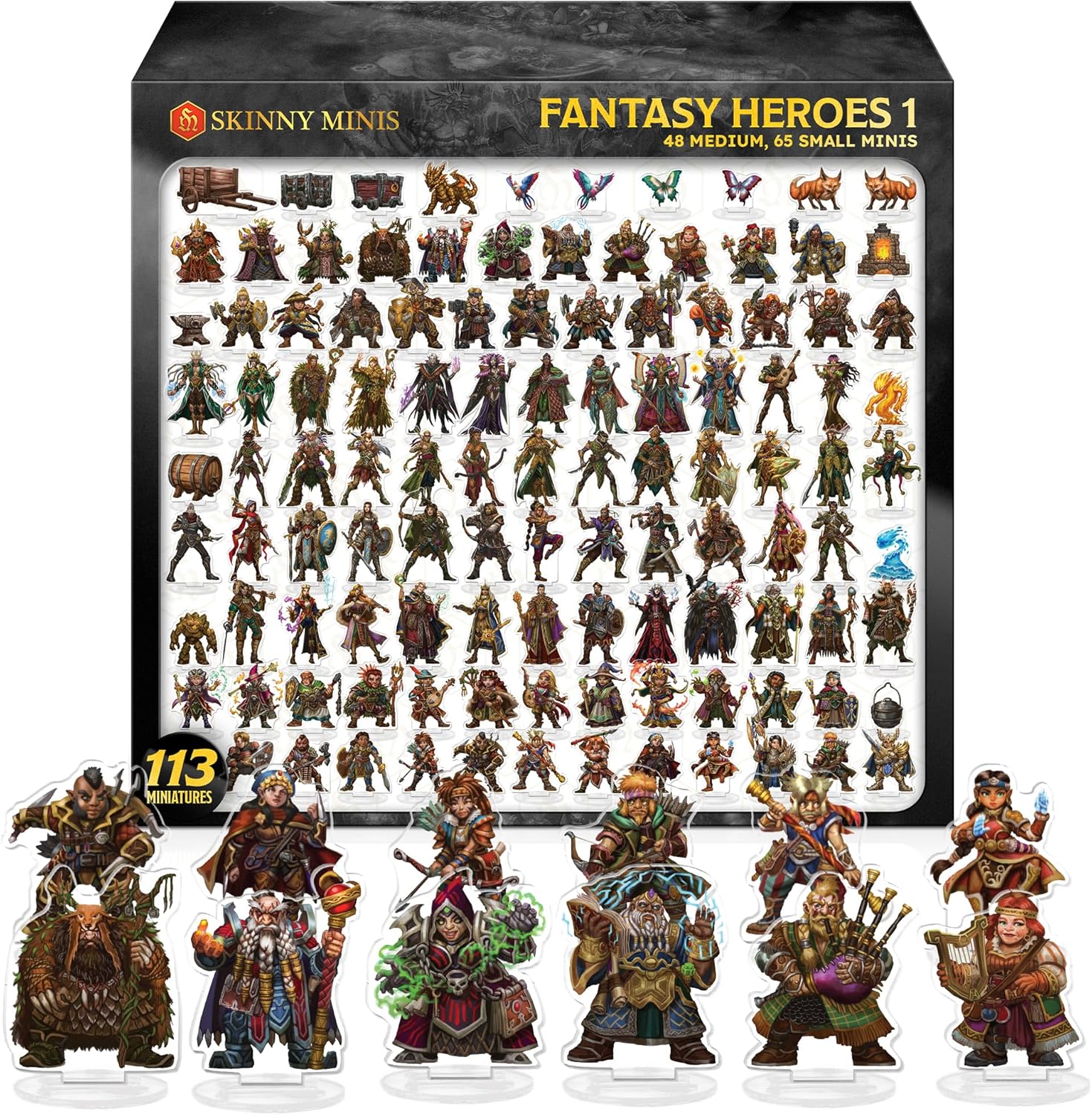 Skinny Minis Acrylic Fantasy Heroes – 113 Flat DND Compatible Miniatures for Tabletop RPG and TTRPGs, Double-Sided Graphics, 2D Figures, 48 Medium and 65 Small Minis for RPG Tabletop Games