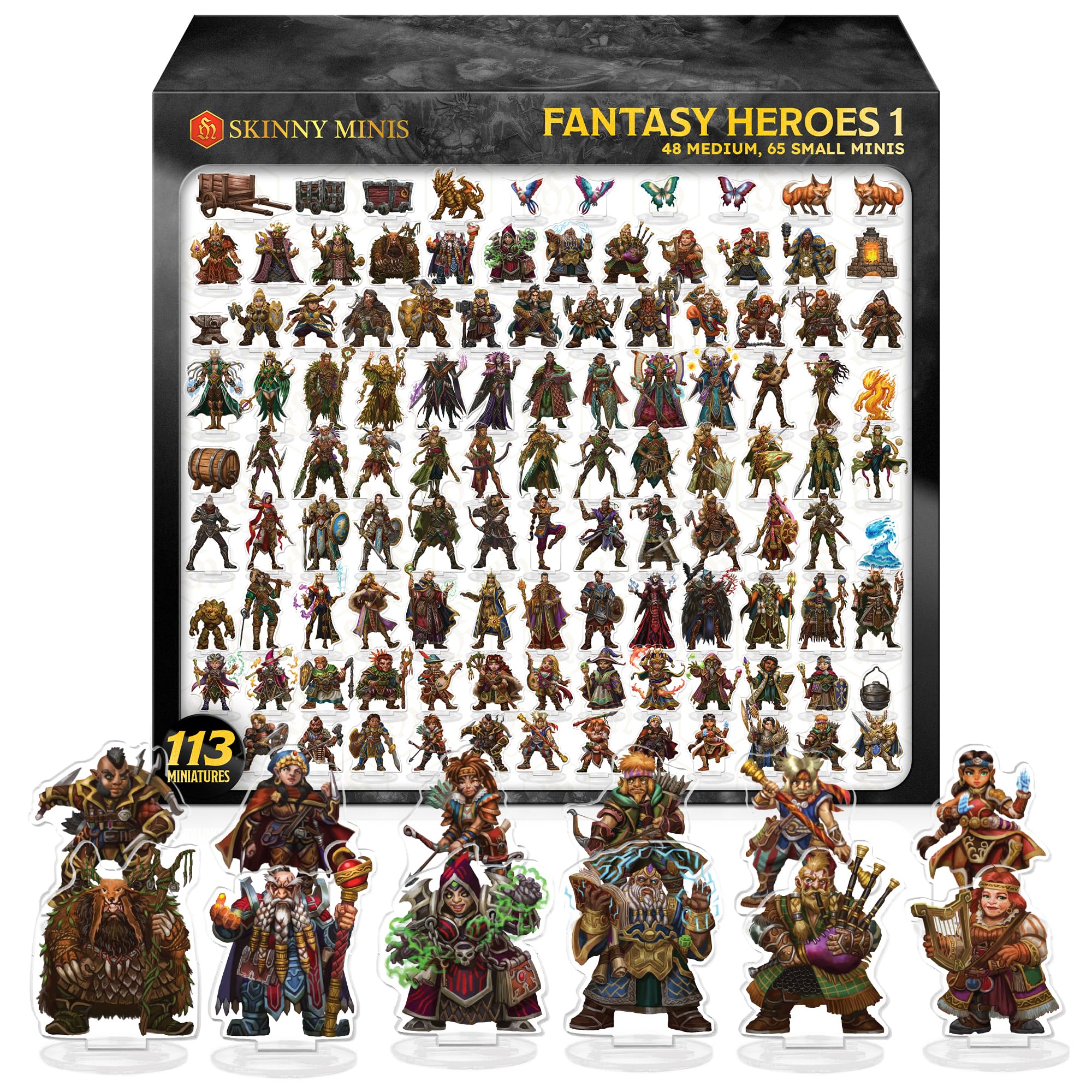 Skinny Minis Acrylic Fantasy Heroes – 113 Flat DND Compatible Miniatures for Tabletop RPG and TTRPGs, Double-Sided Graphics, 2D Figures, 48 Medium and 65 Small Minis for RPG Tabletop Games