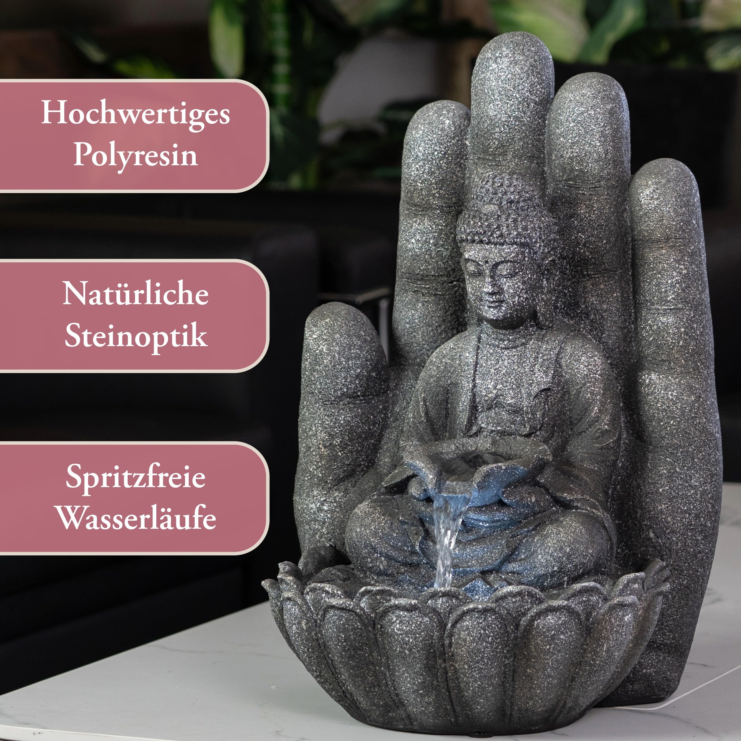 Zimmerbrunnen – Buddha mit Beleuchtung, Wasserspiel Wasserfall, Springbrunnen innen, Dekobrunnen Wohnzimmer, Kaskadenbrunnen, Zierbrunnen, Brunnen-Innenbereich, Zimmer-Brunnen Wasserfall