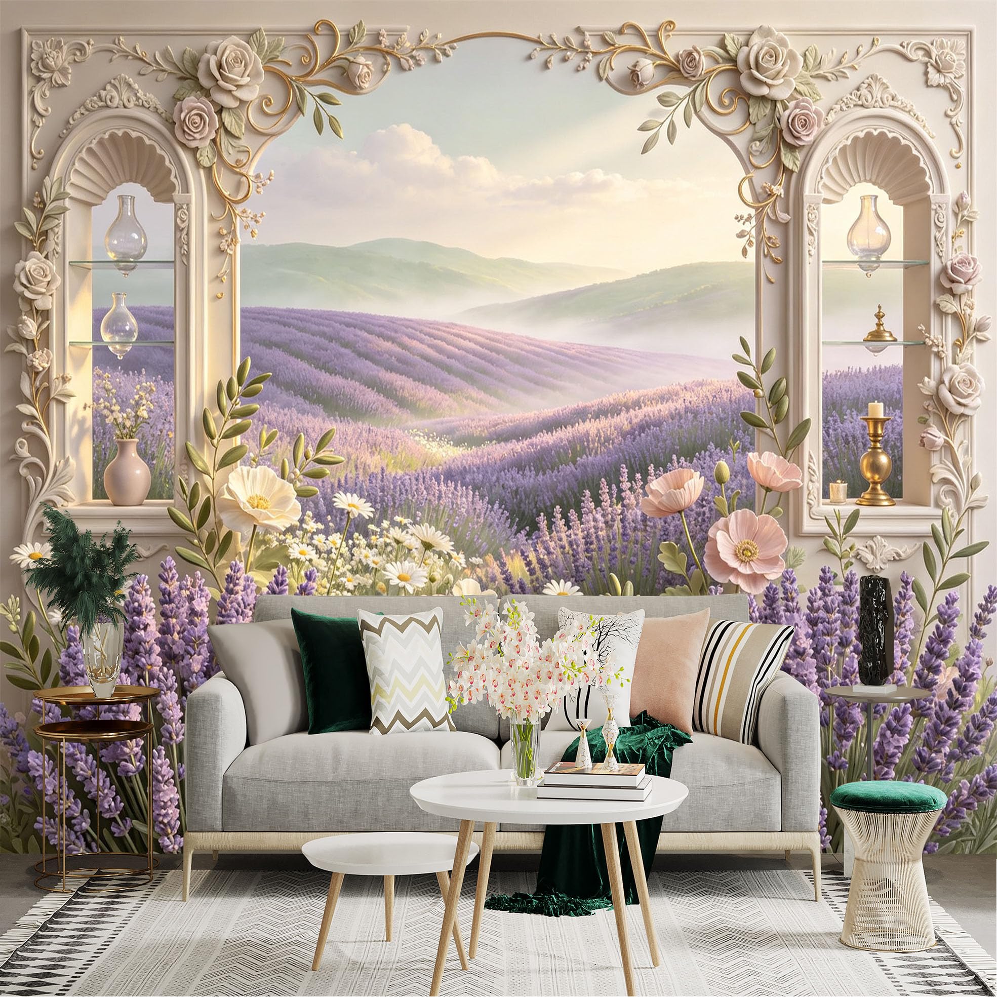 Lnzczhyre Bh260719190 Custom Size Wall Sticker Mural， Provence Lavender Fields， Elegant Floral Archway， Romantic Window View， Scenic Purple Meadow， For Wall Decoration， Peelandstick Wall Decals.