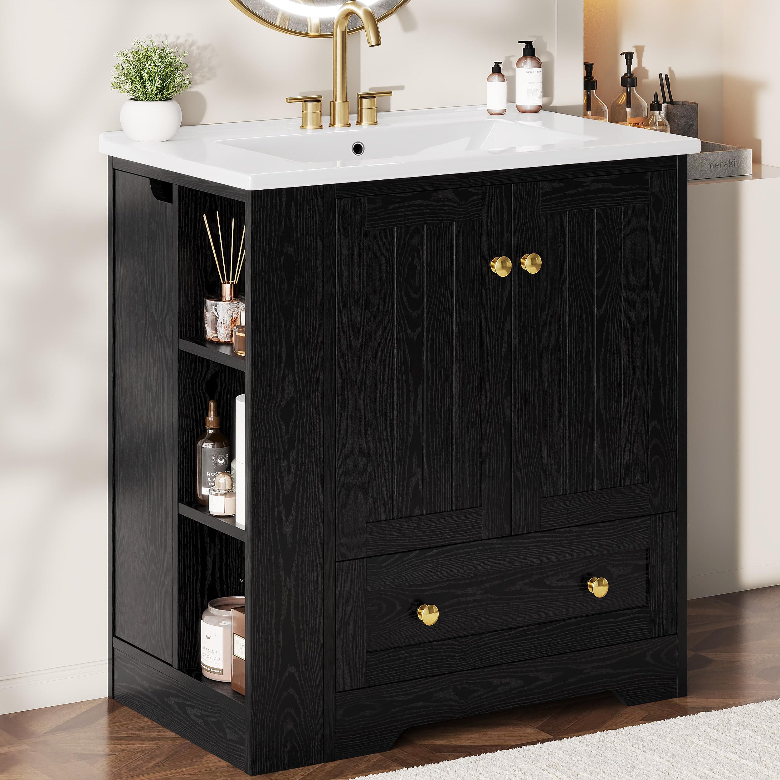 IRONCK 30 inch black bathroom vanity with ceramic sink and side storage