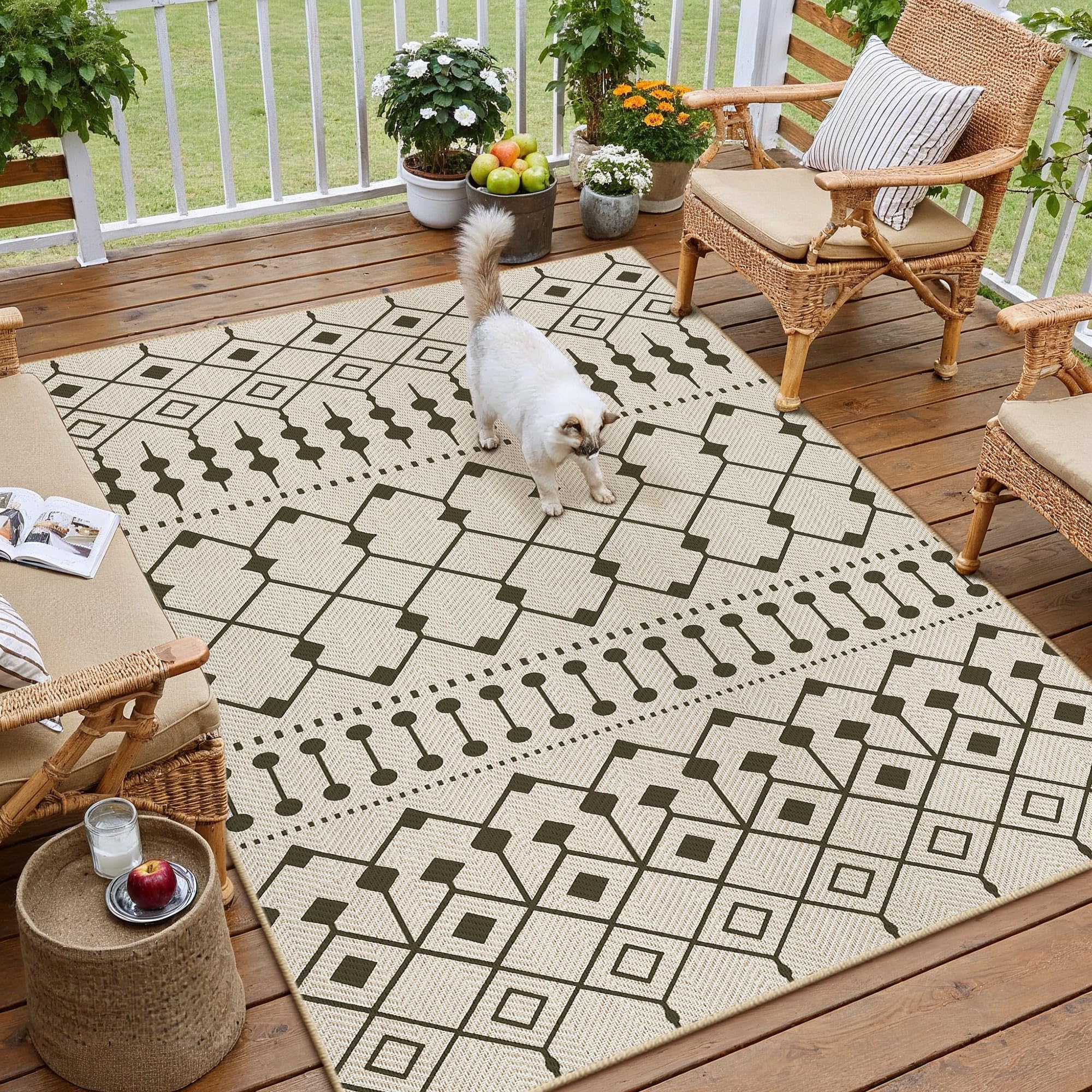 Grand tapis de terrasse moderne PureCozy aspect jute noir et beige