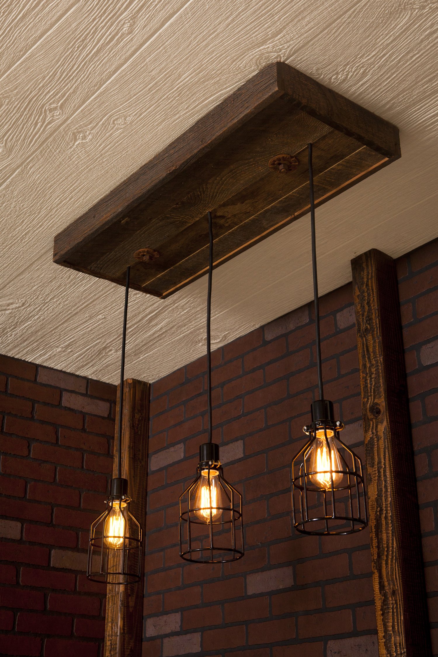 Industrial lighting, Industrial Chandelier, Black With Reclaimed Wood and 3 Pendants. R-1434-BC-3