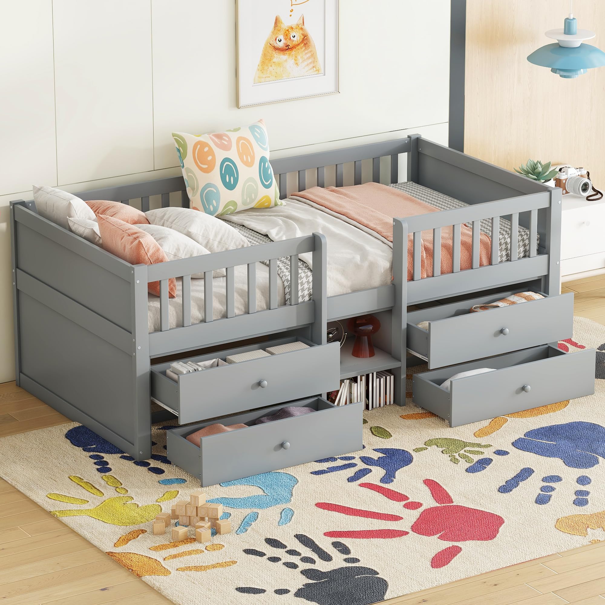 Lubvtti Cama para niños con 4 cajones, Cama Montessori 90 x 200 cm,Cama Infantil con barandilla y Base de láminas, sin colchón, Estilo Minimalista, Gris
