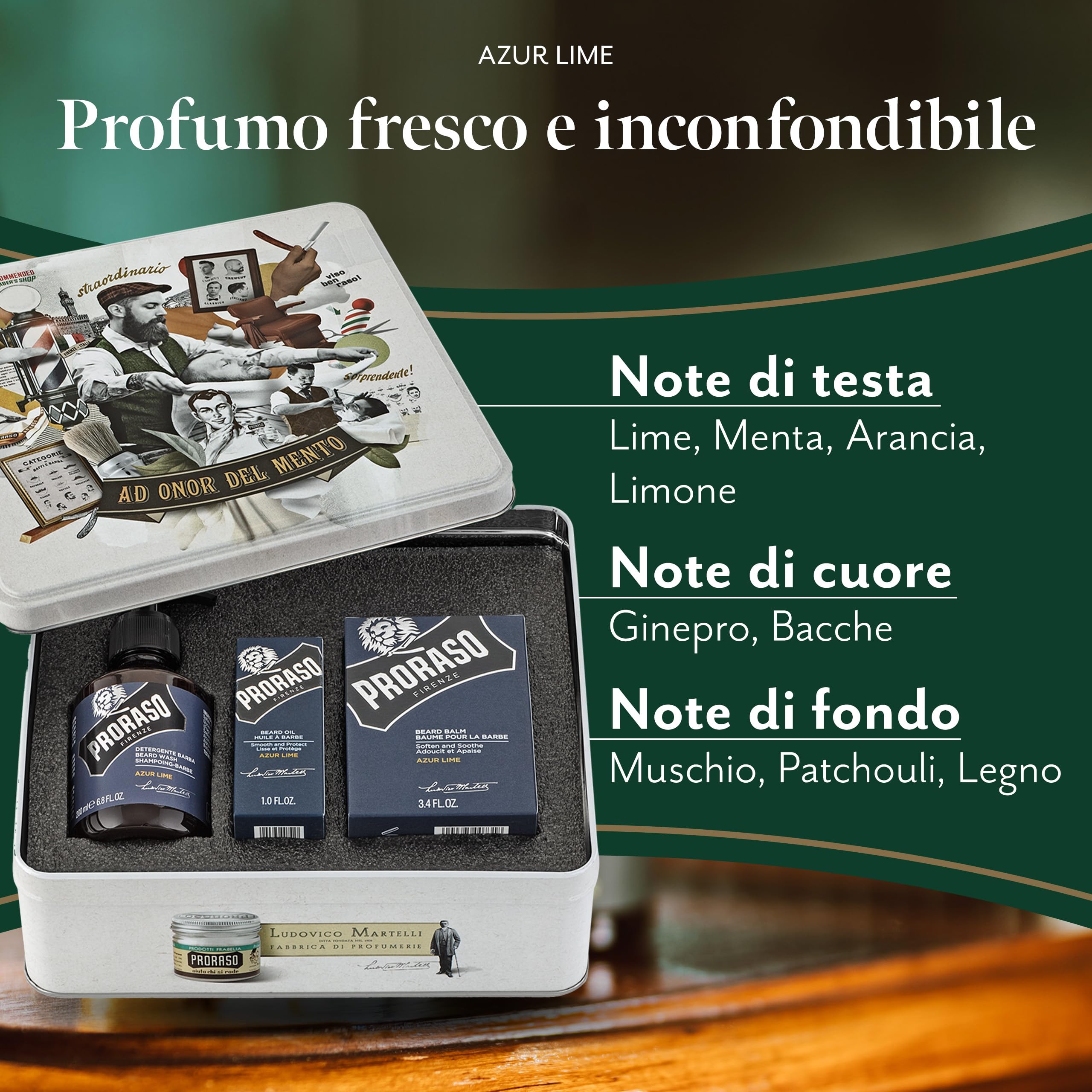 Proraso Set Barba Azur Lime, Set regalo uomo con Detergente Barba 200 ml, Olio Cura Barba 30 ml e Balsamo Cura Barba 100 ml, Cofanetto regalo uomo per la barba, Set regalo natale Made in Italy