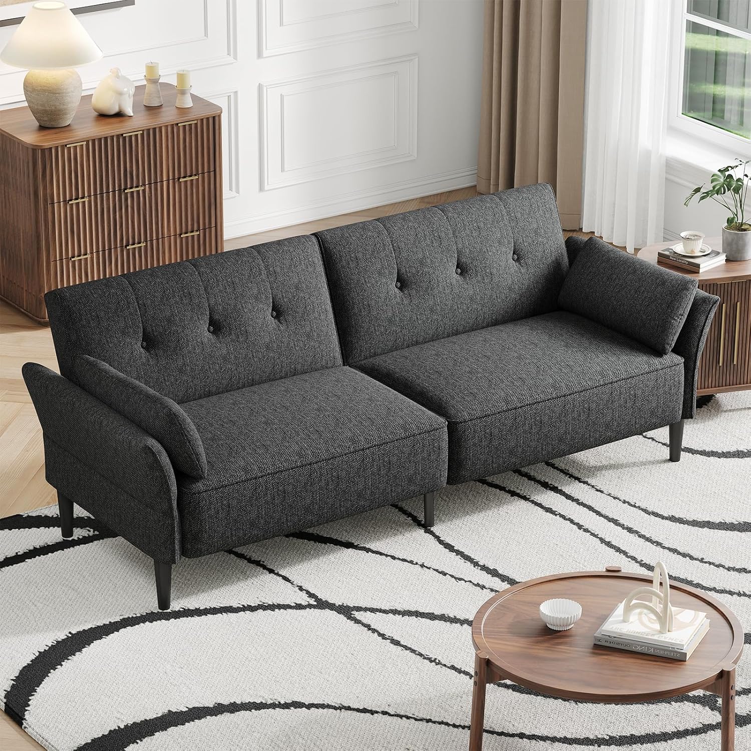 COPIAE 89” Futon Sofa Bed,Comfy Futon Couch Bed with 2 Square Pillows,Convertible Sleeper Sofa with Adjustable Backrest& Armrests, Modern Loveseat Sleeper for Living Room, Bedroom, Linen Dark Gray