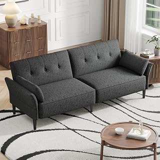 COPIAE 89” Futon Sofa Bed,Comfy Futon Couch Bed with 2 Square Pillows,Convertible Sleeper Sofa with Adjustable Backrest& Armrests, Modern Loveseat Sleeper for Living Room, Bedroom, Linen Dark Gray