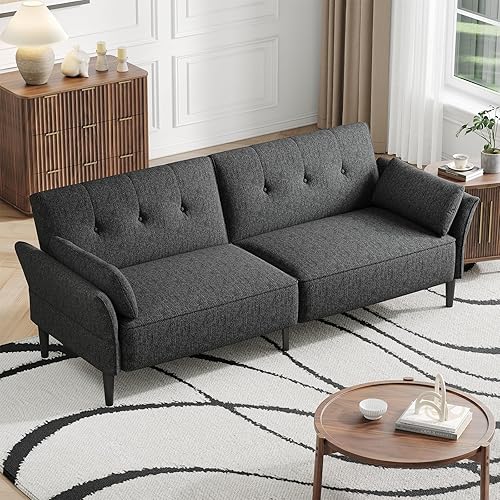 COPIAE 89” Futon Sofa Bed,Comfy Futon Couch Bed with 2 Square Pillows,Convertible Sleeper Sofa with Adjustable Backrest& Armrests, Modern Loveseat Sleeper for Living Room, Bedroom, Linen Dark Gray - Dark Gray - Linen